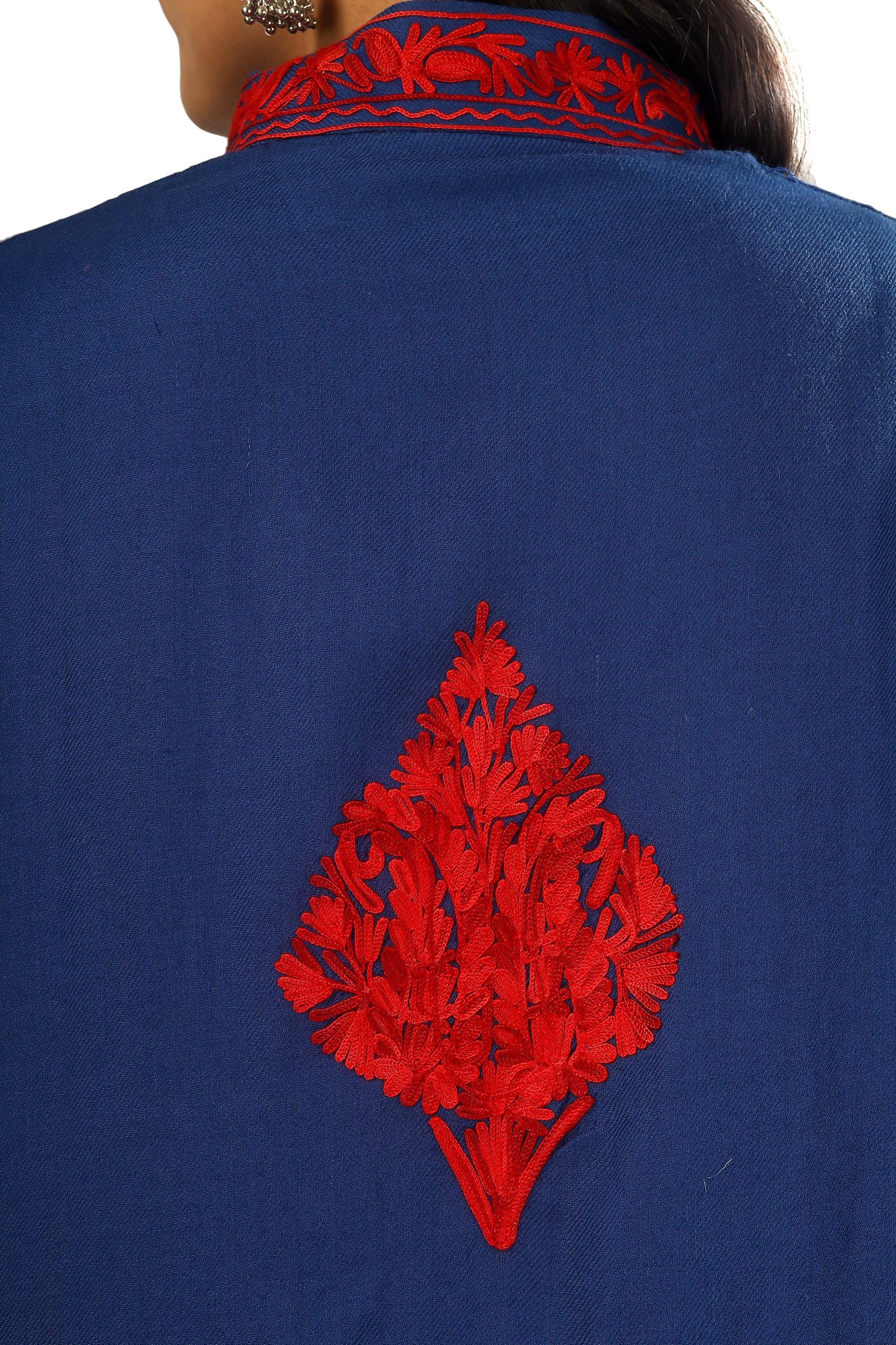 Handmade Kashmiri Embroidered Wool Jacket: Blue Aari Work Coat BATIN
