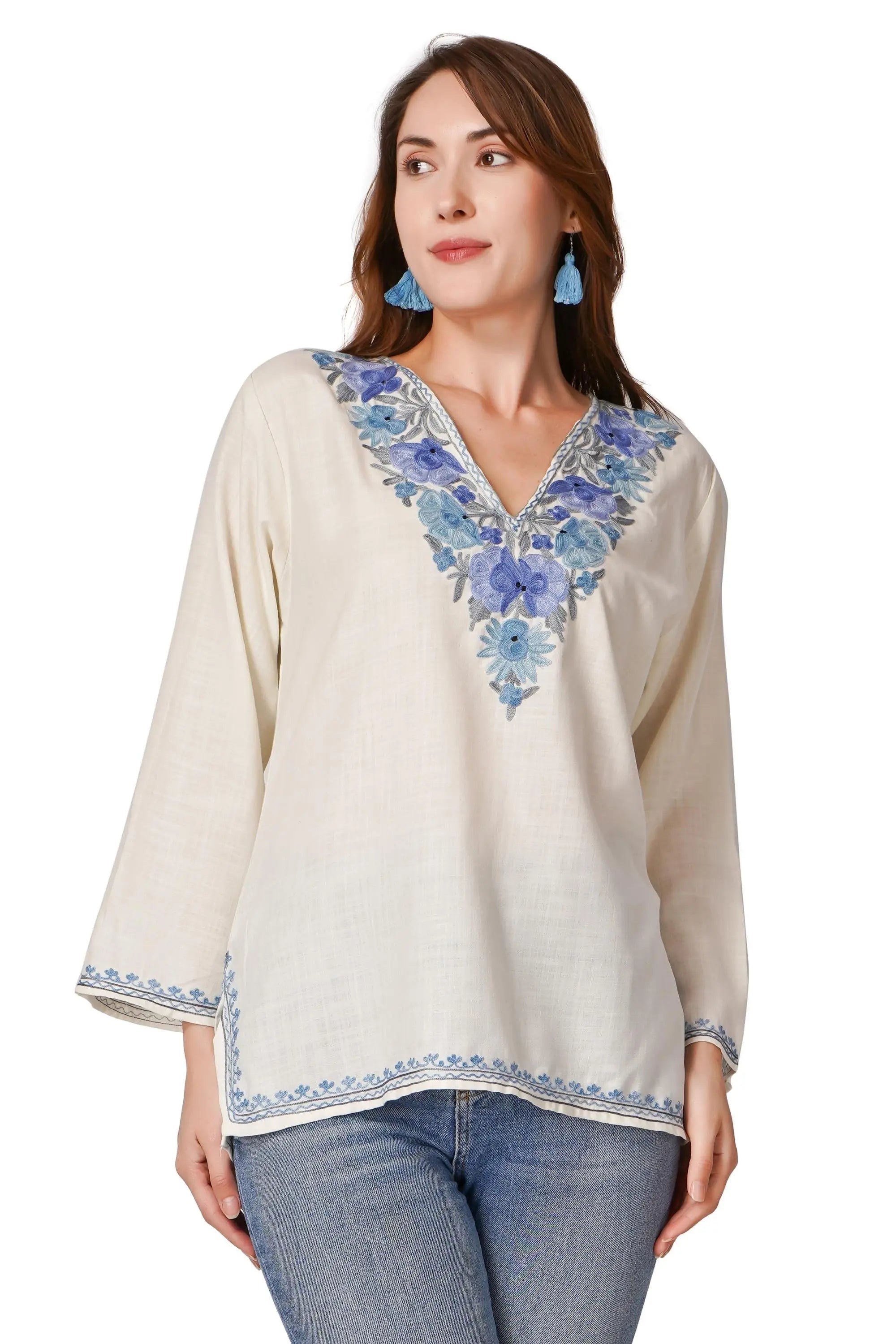 Kashmiri Aari Embroidered Cotton Kurti, Short Indian Women&