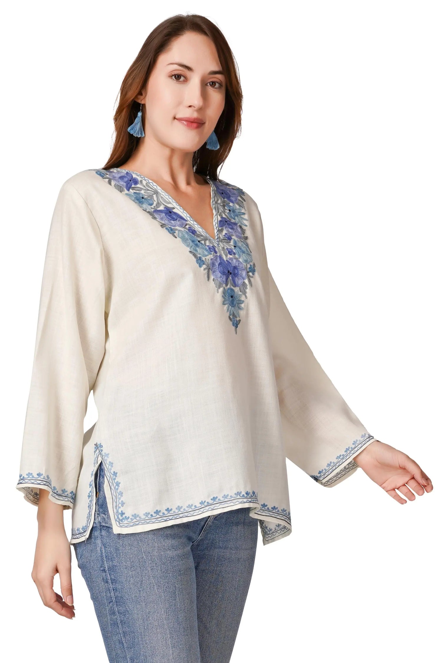 Kashmiri Aari Embroidered Cotton Kurti, Short Indian Women&