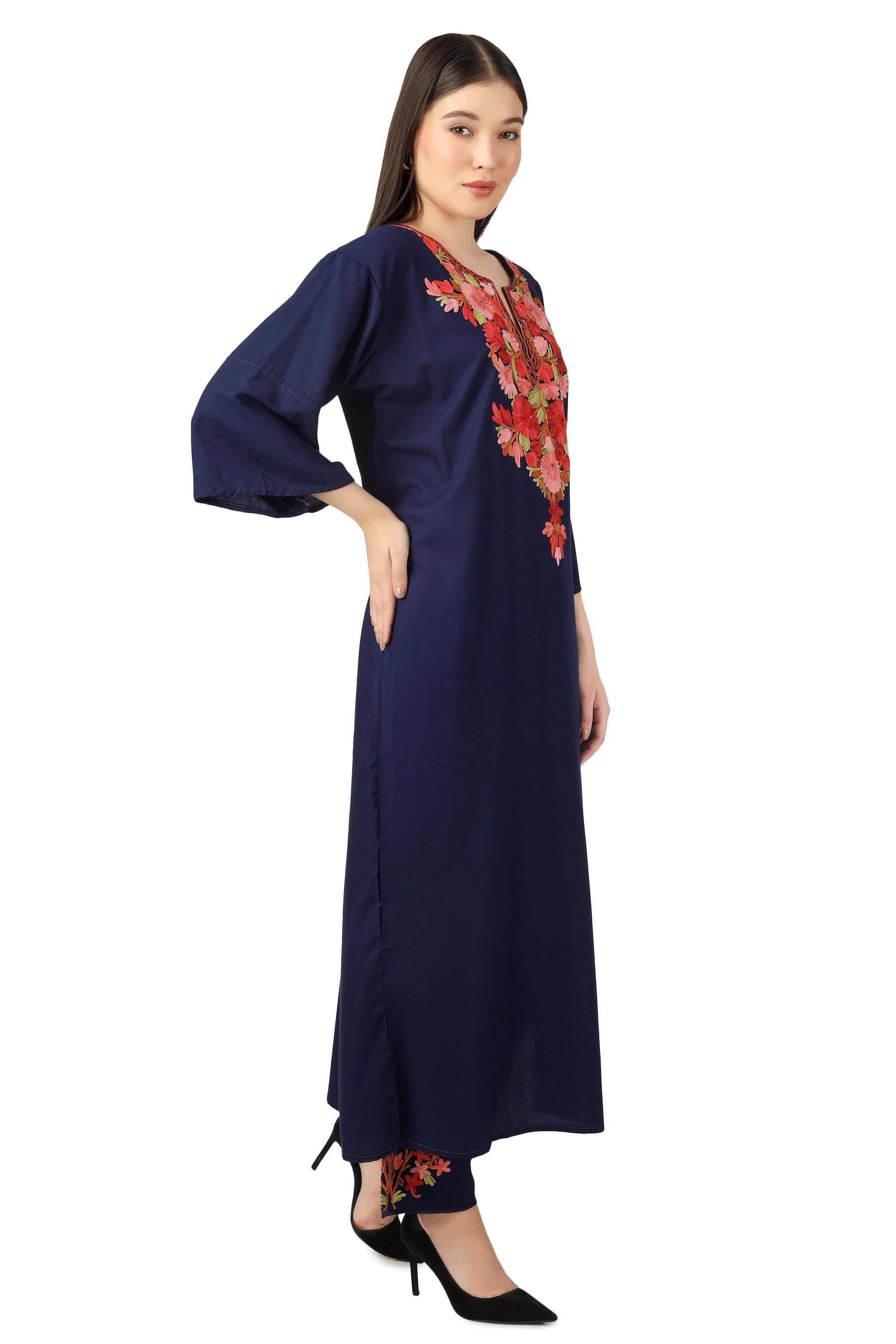 Kashmiri Aari Embroidered Cotton Kurti Pant Set: Kaftan Co-ord BATIN