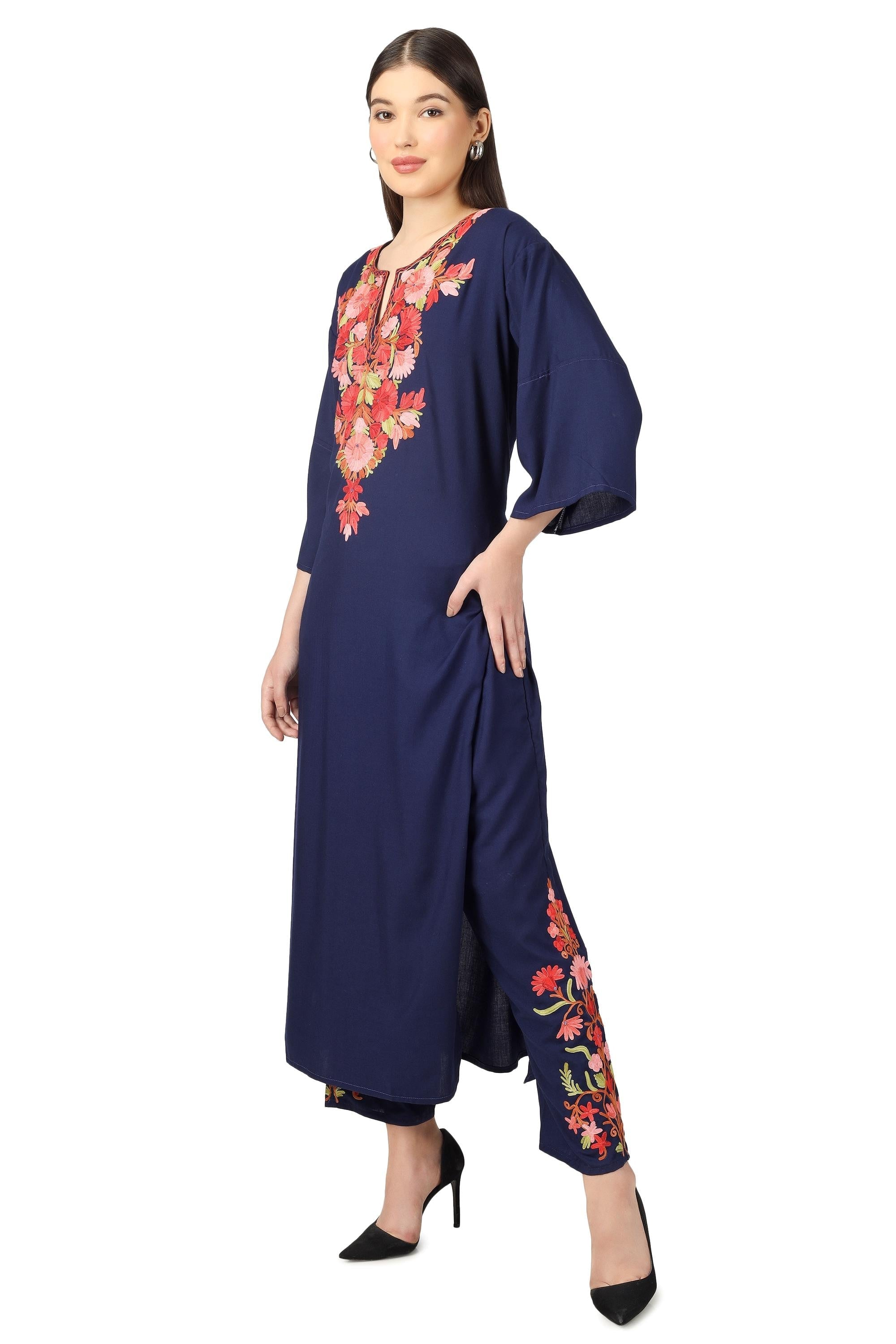 Kashmiri Aari Embroidered Cotton Kurti Pant Set: Kaftan Co-ord BATIN