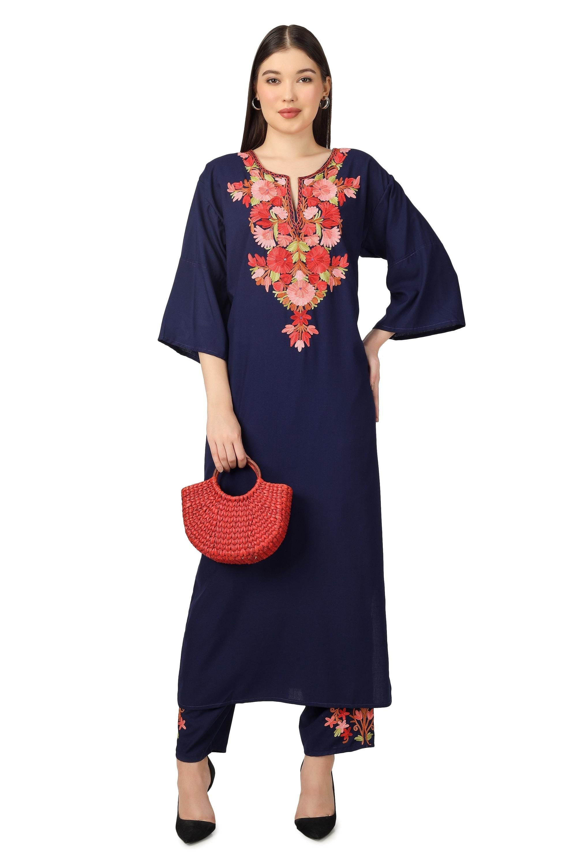 Kashmiri Aari Embroidered Cotton Kurti Pant Set: Kaftan Co-ord BATIN
