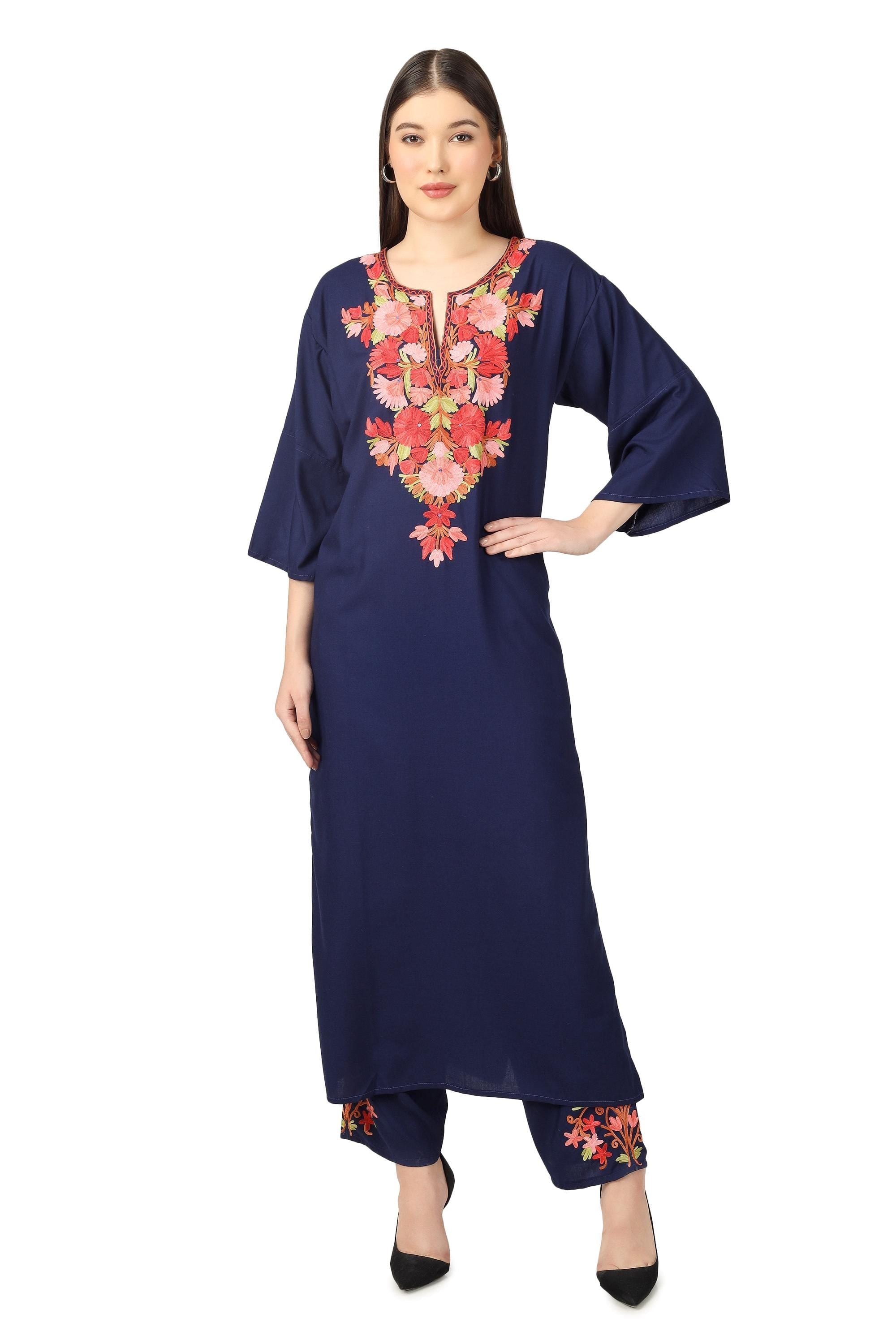 Kashmiri Aari Embroidered Cotton Kurti Pant Set: Kaftan Co-ord BATIN