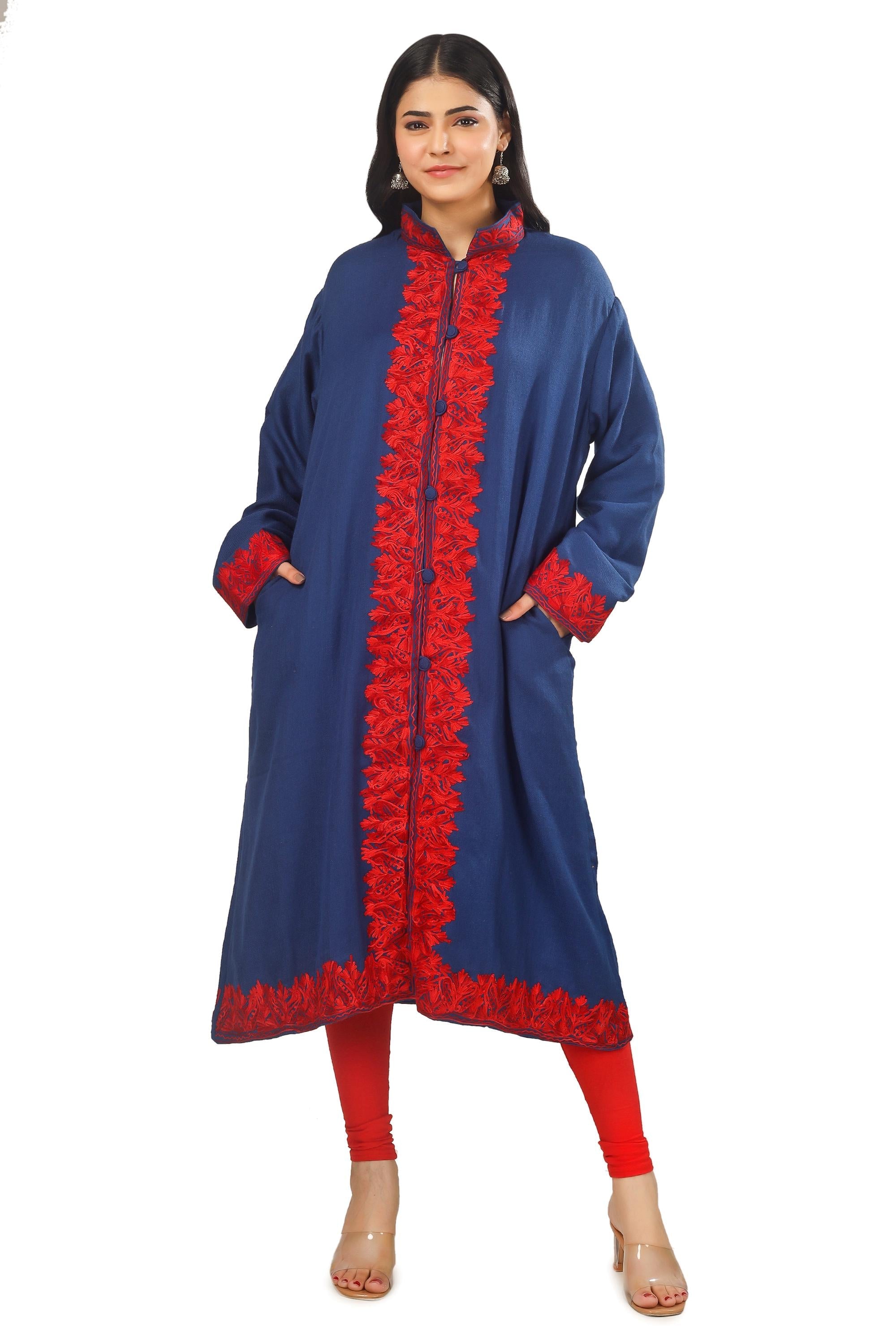 Handmade Kashmiri Embroidered Wool Jacket: Blue Aari Work Coat BATIN