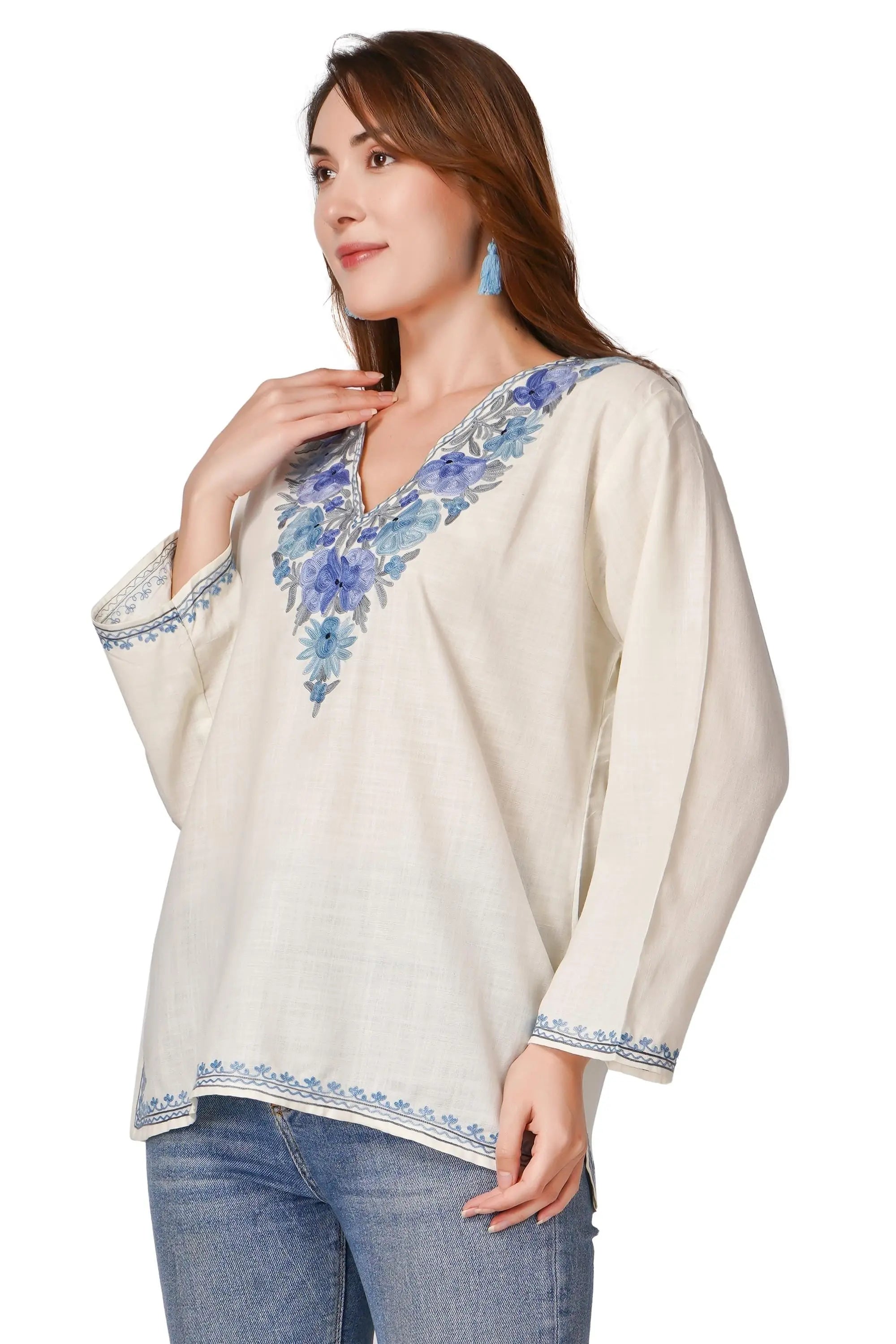 Kashmiri Aari Embroidered Cotton Kurti, Short Indian Women&