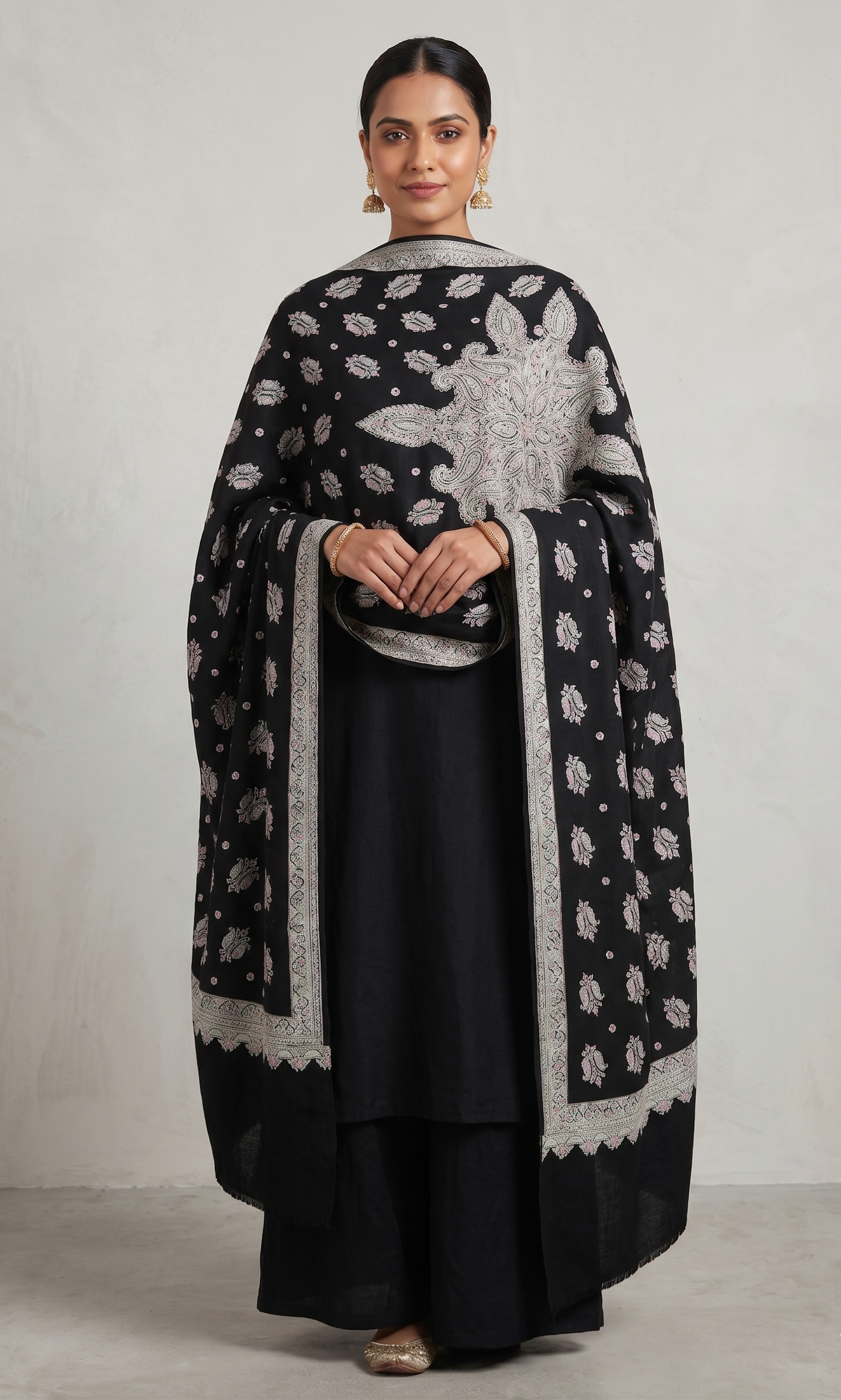 Kashmiri Tilla Embroidered Merino Wool Shawl, Black Shawl For Women