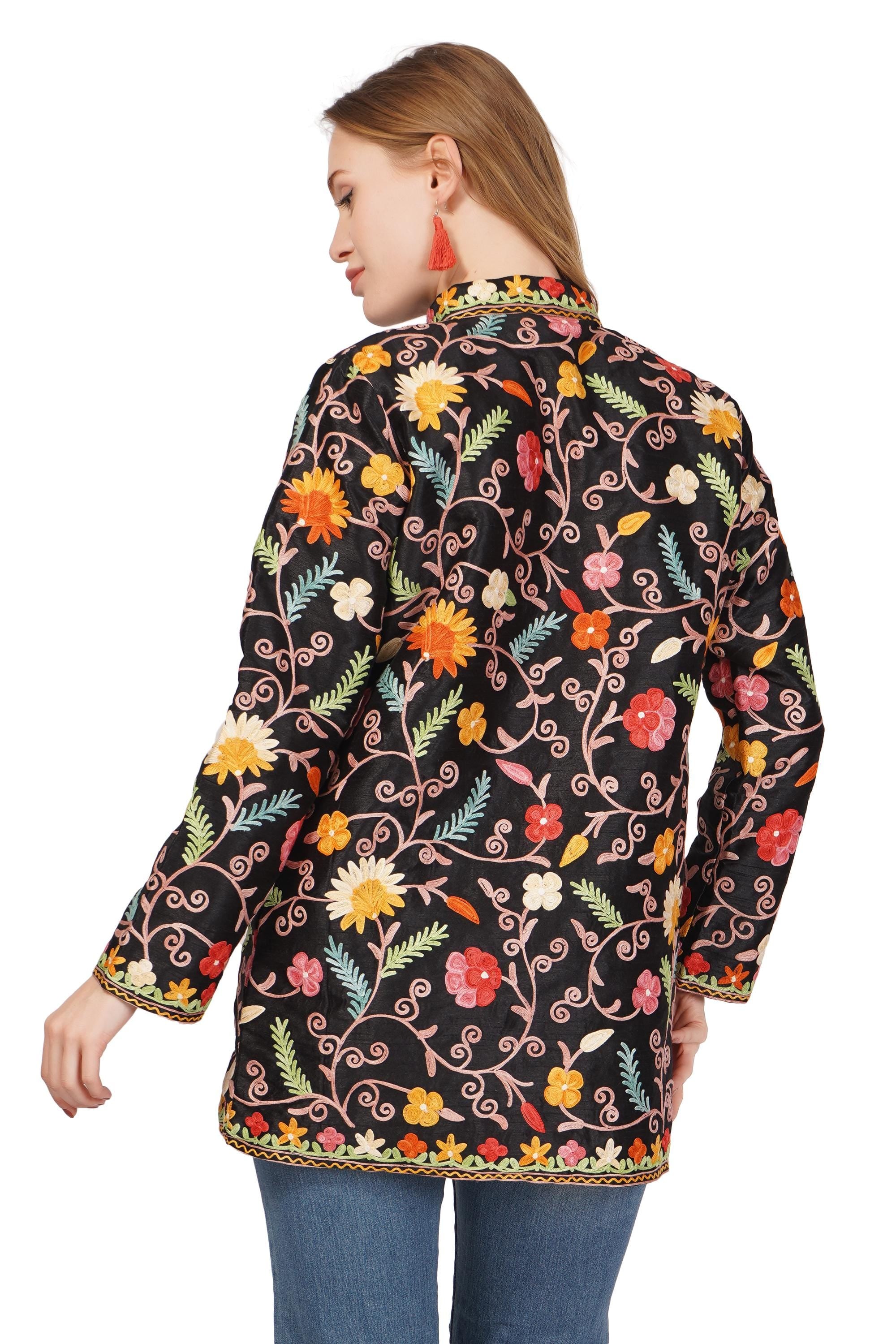 Kashmiri Jacket With Aari Embroidery, Floral Jacket With Multicolour Embroidery, Boho Coat, Short Black Jacket