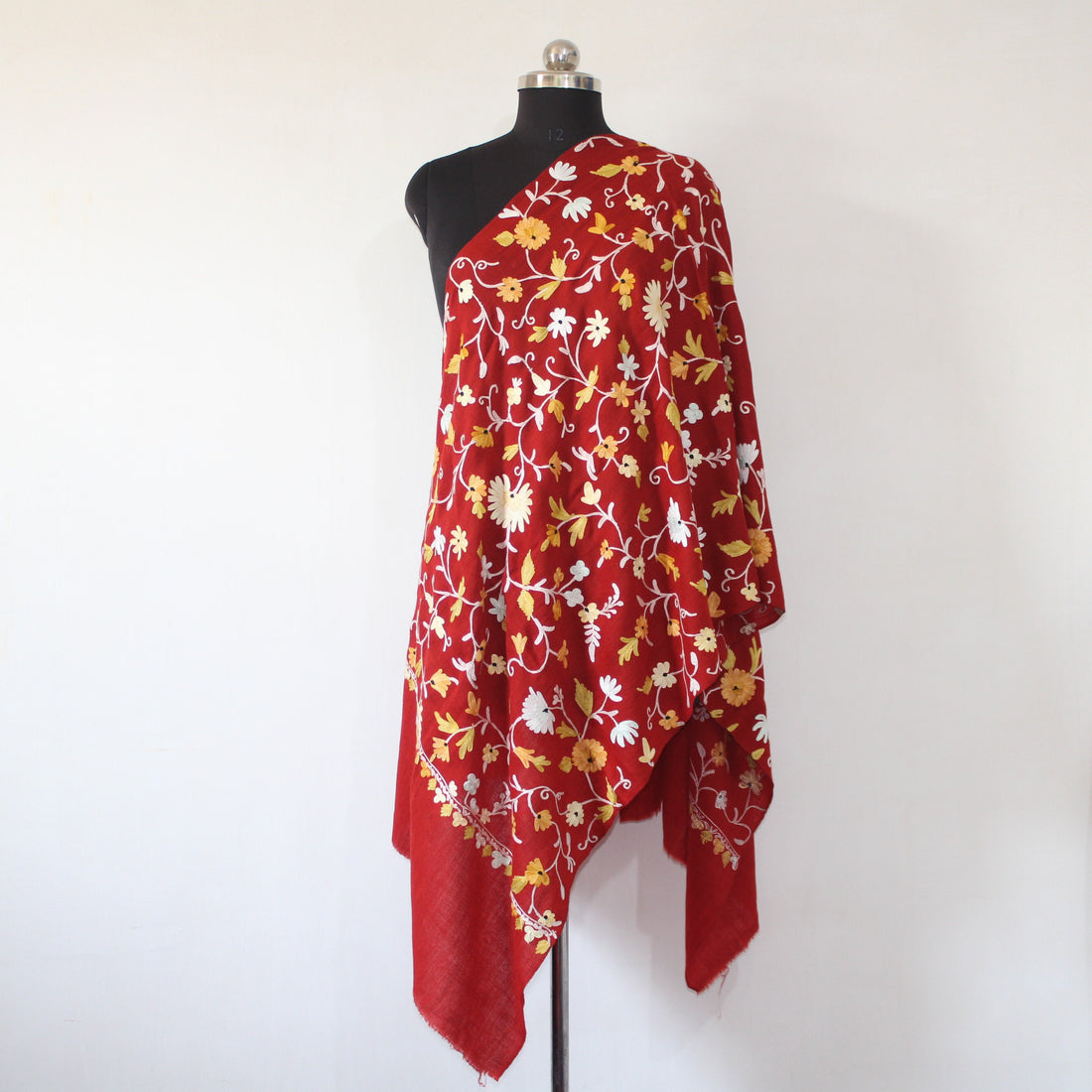 Premium Handmade Kashmiri Scarf, Merino Wool Stole in Maroon, Embroidered Wrap