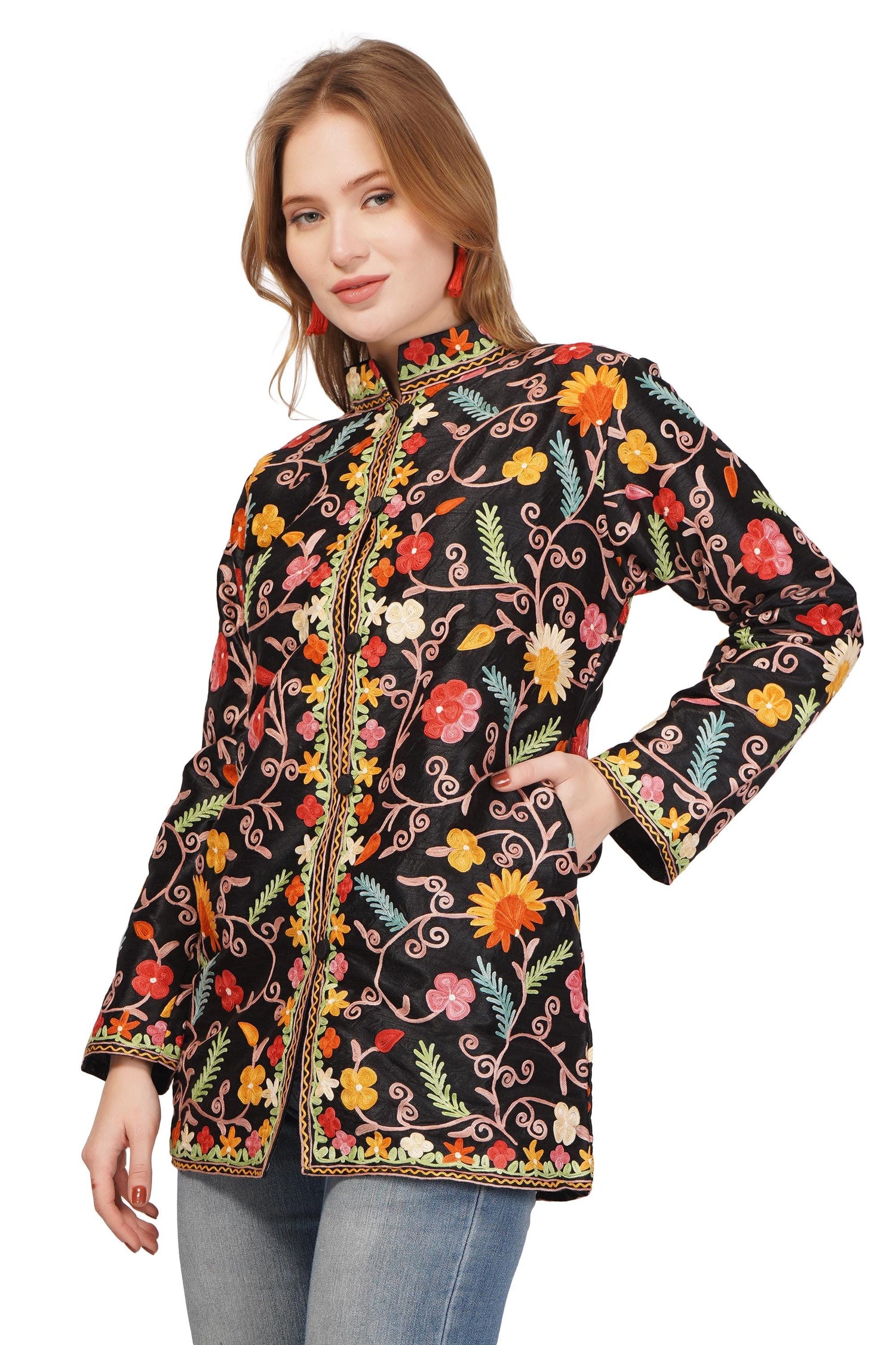 Kashmiri Jacket With Aari Embroidery, Floral Jacket With Multicolour Embroidery, Boho Coat, Short Black Jacket