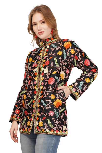 Kashmiri Jacket With Aari Embroidery, Floral Jacket With Multicolour Embroidery, Boho Coat, Short Black Jacket