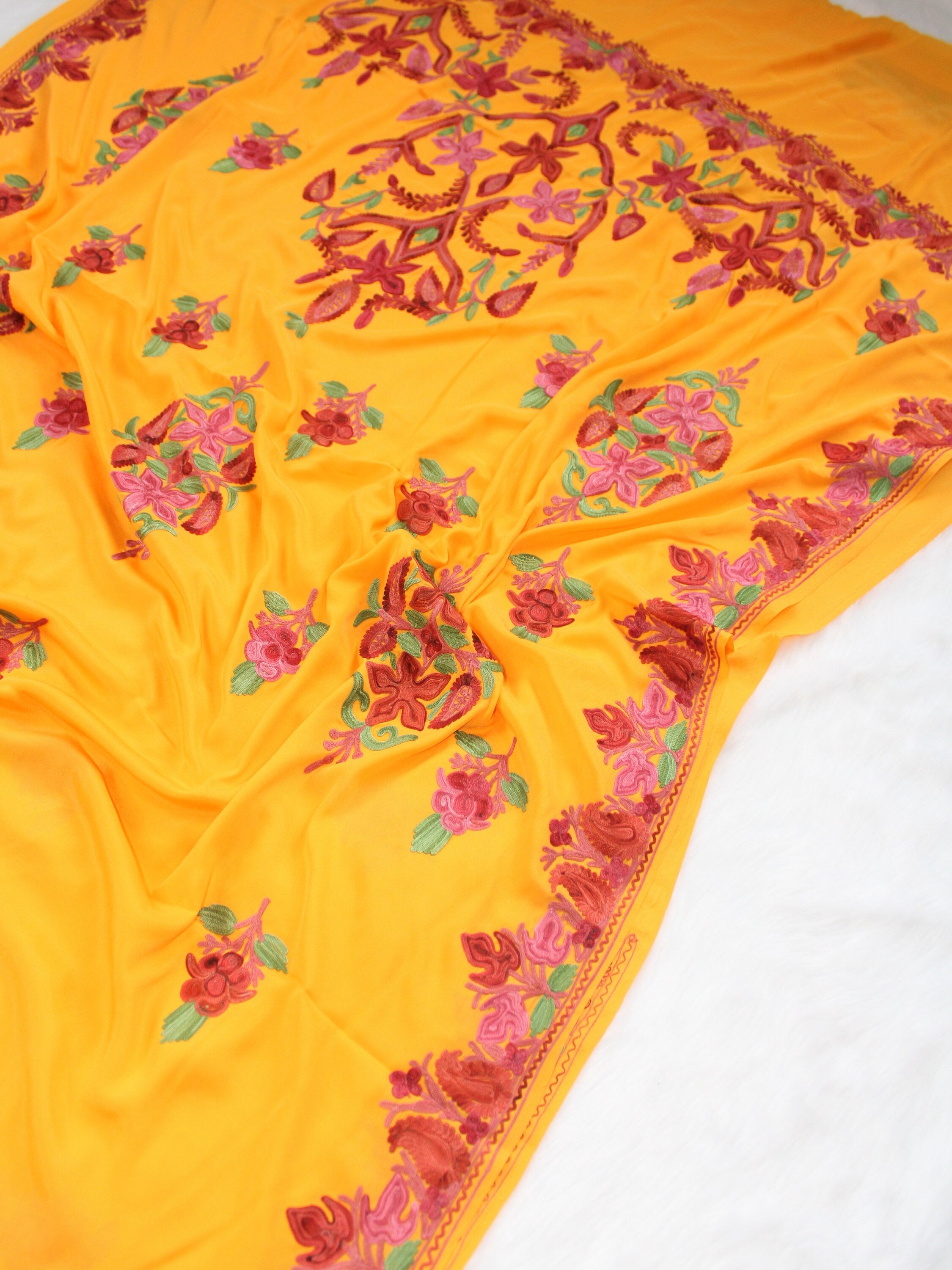 Traditional Kashmiri Saree with Stunning Embroidery - Crepe Sari with Aariwork Blouse