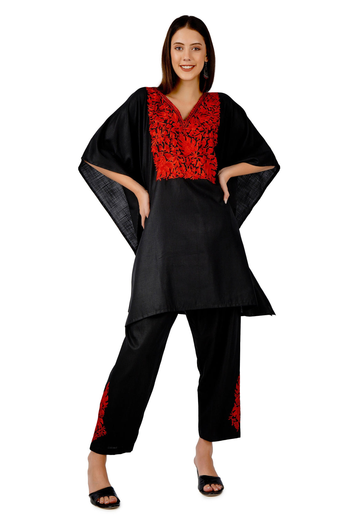 Kashmiri Aari Embroidered Cotton Co-Ord Set, Embroidered Kaftan Top and Pant, Women&