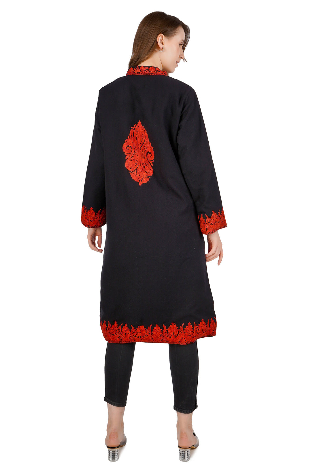 Kashmiri Aari Embroidered Long woollen Jacket, Winter Coat For Women, Paisley Indian Jacket