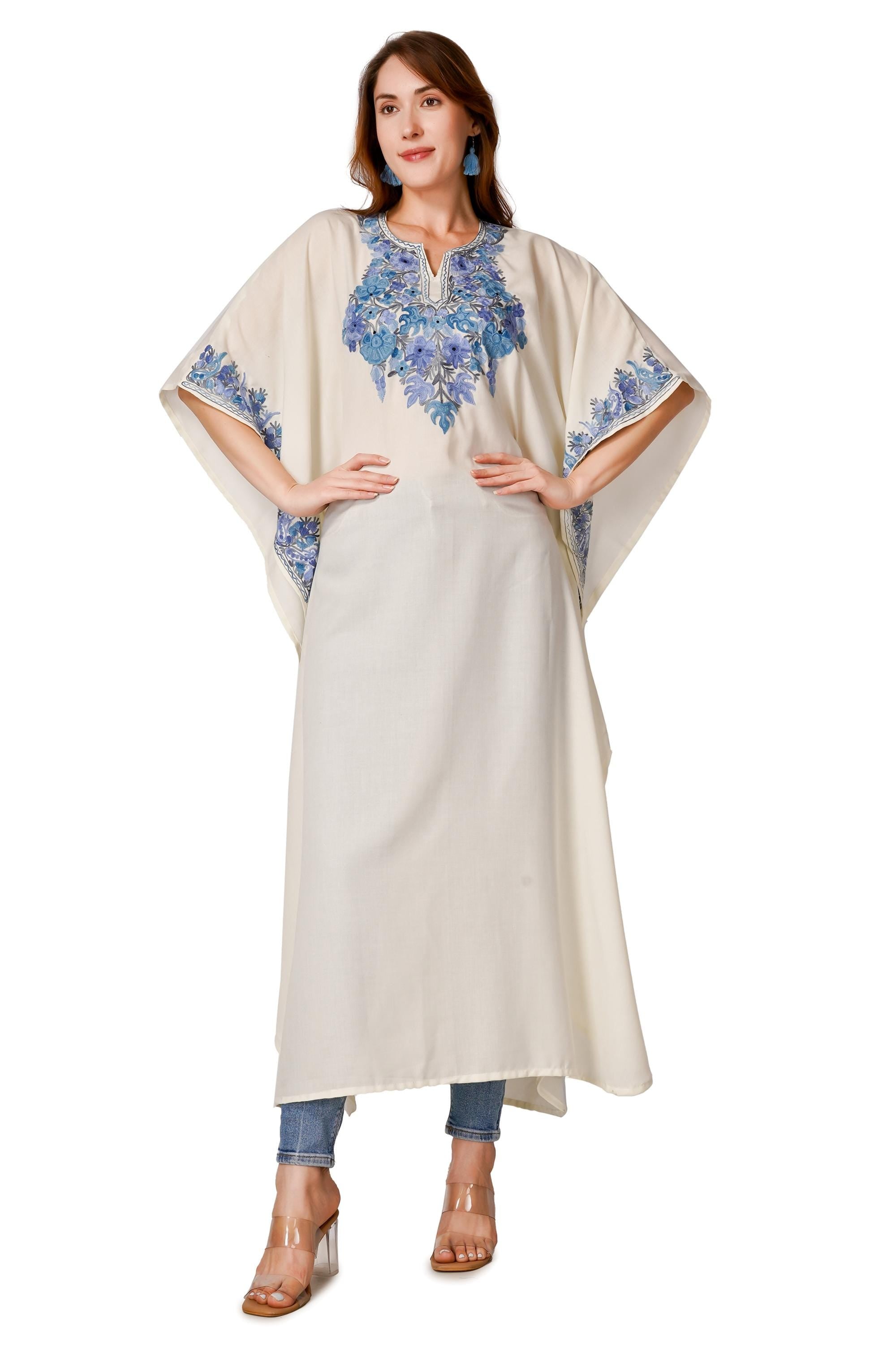 Kashmiri Aari Embroidered Cotton Kaftan, Women&