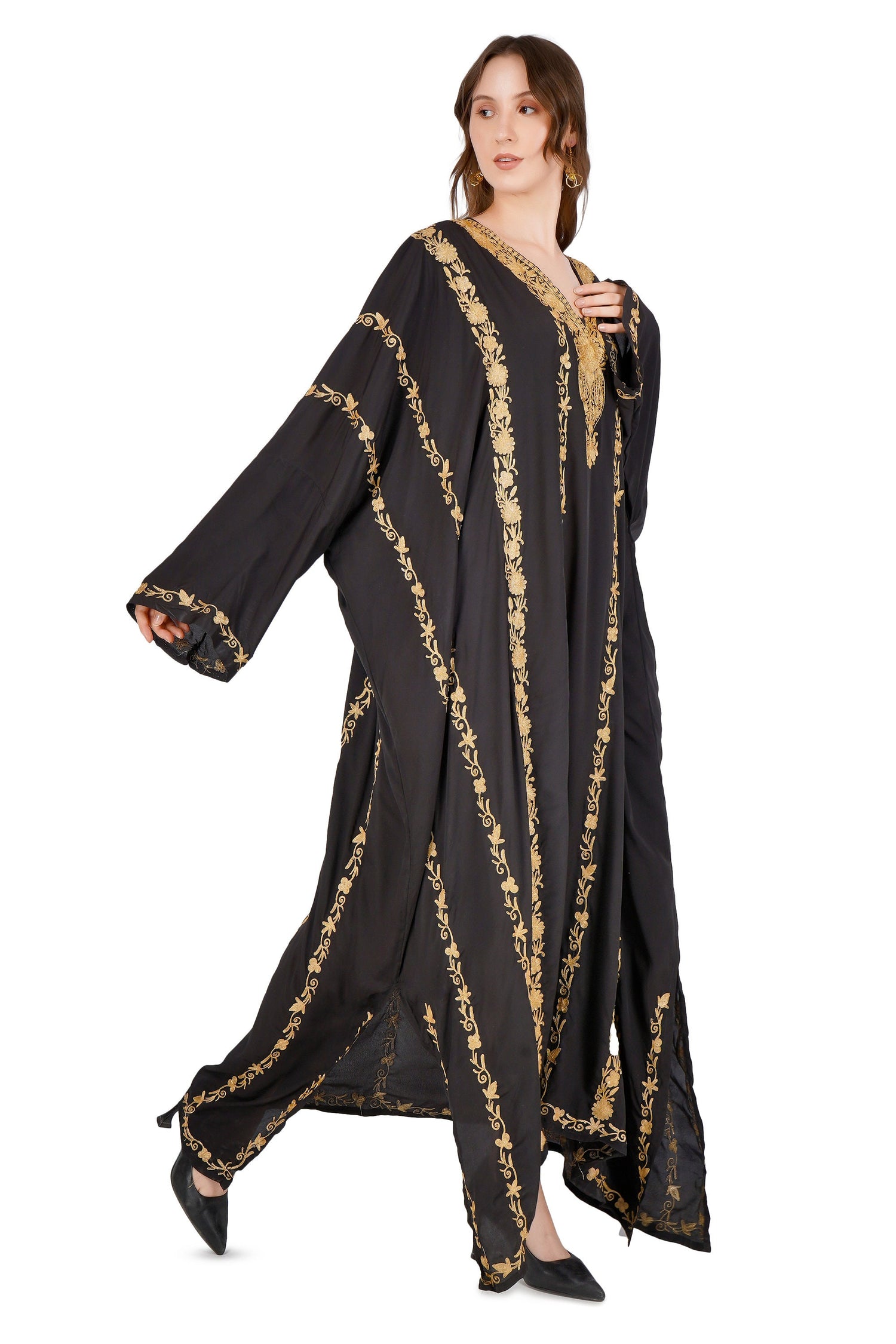 Kashmiri Zari Embroidered Crepe Silk Kaftan, Moroccan Caftan with Gold Embroidery, Long Length Kashmiri Tilla Embroidered Kaftan