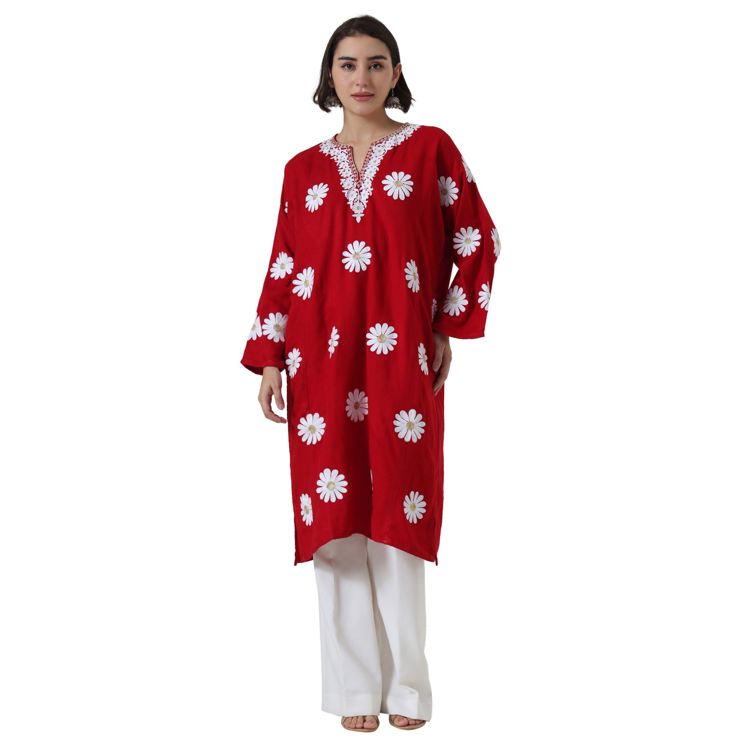 Kashmiri Aari Embroidered Pheran - Traditional Woolen Winter Kurta For Women