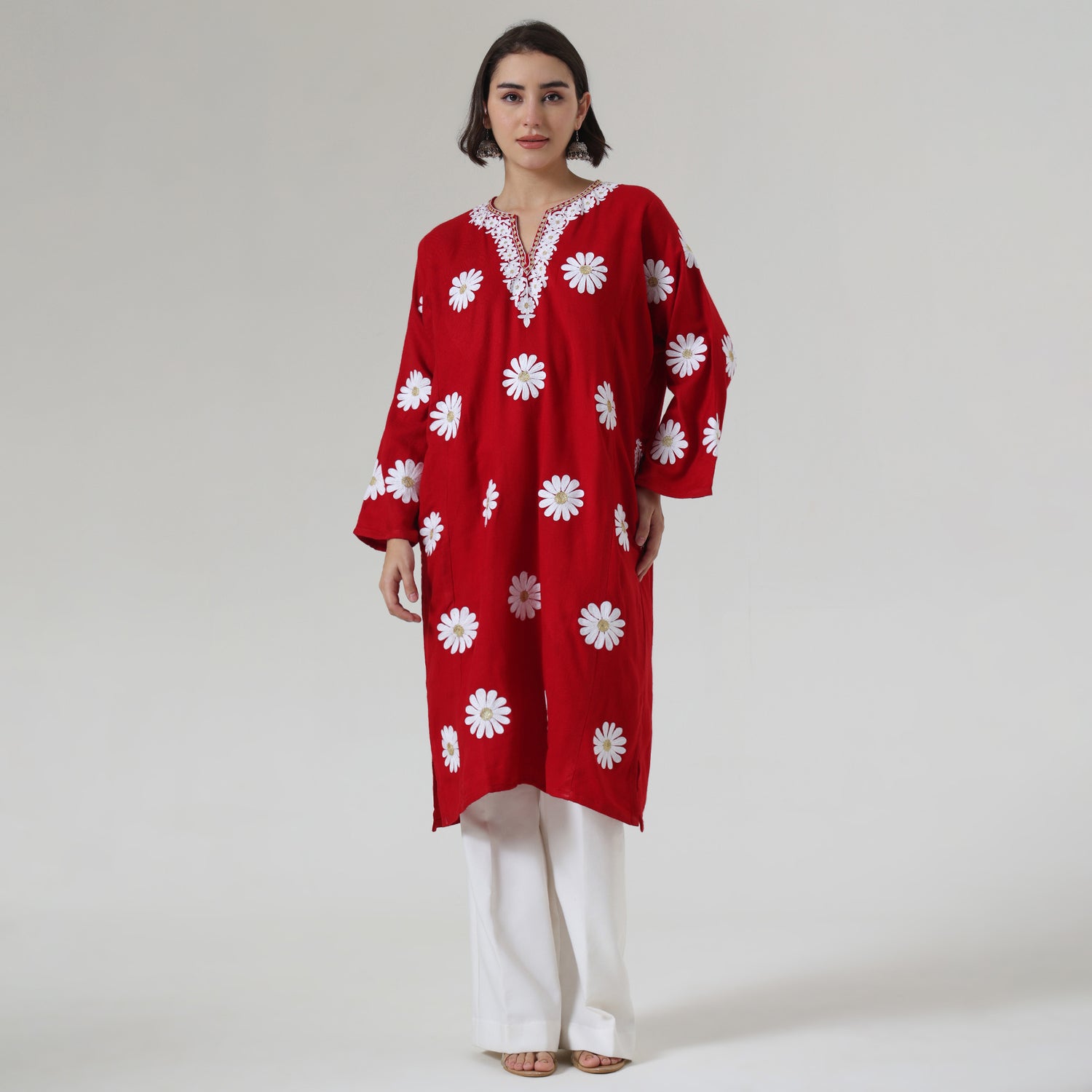 Kashmiri Aari Embroidered Pheran - Traditional Woolen Winter Kurta For Women