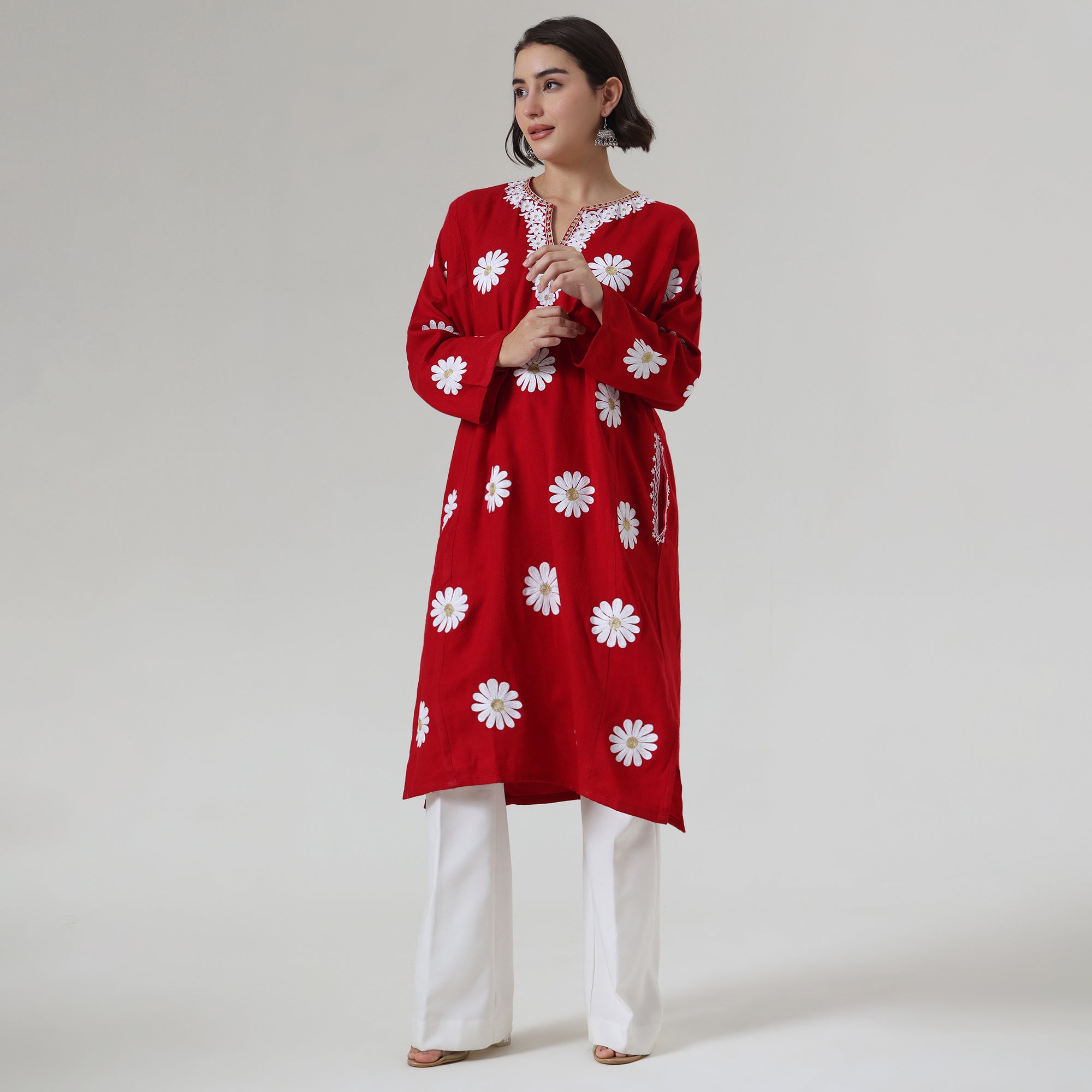 Kashmiri Aari Embroidered Pheran - Traditional Woolen Winter Kurta For Women