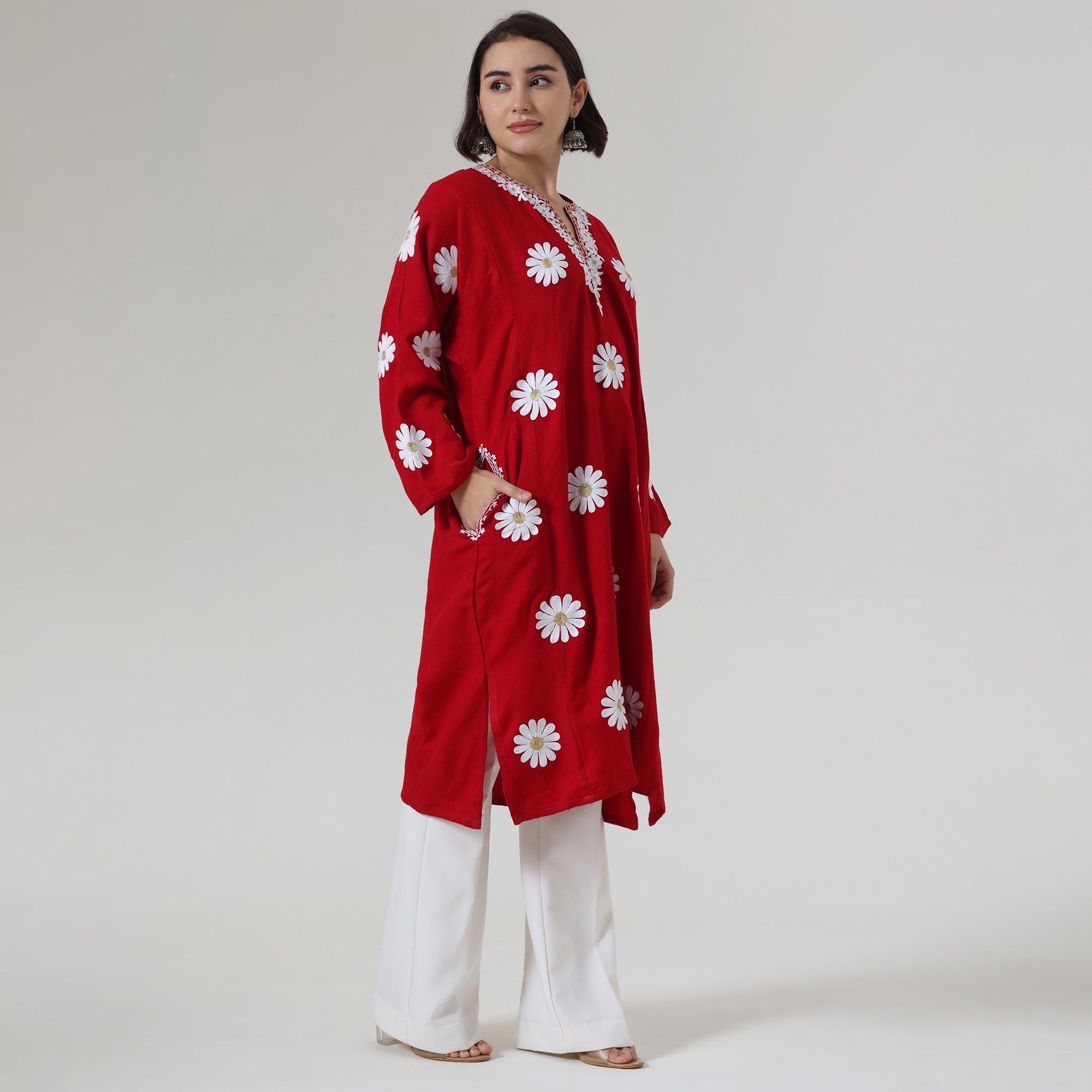 Kashmiri Aari Embroidered Pheran - Traditional Woolen Winter Kurta For Women