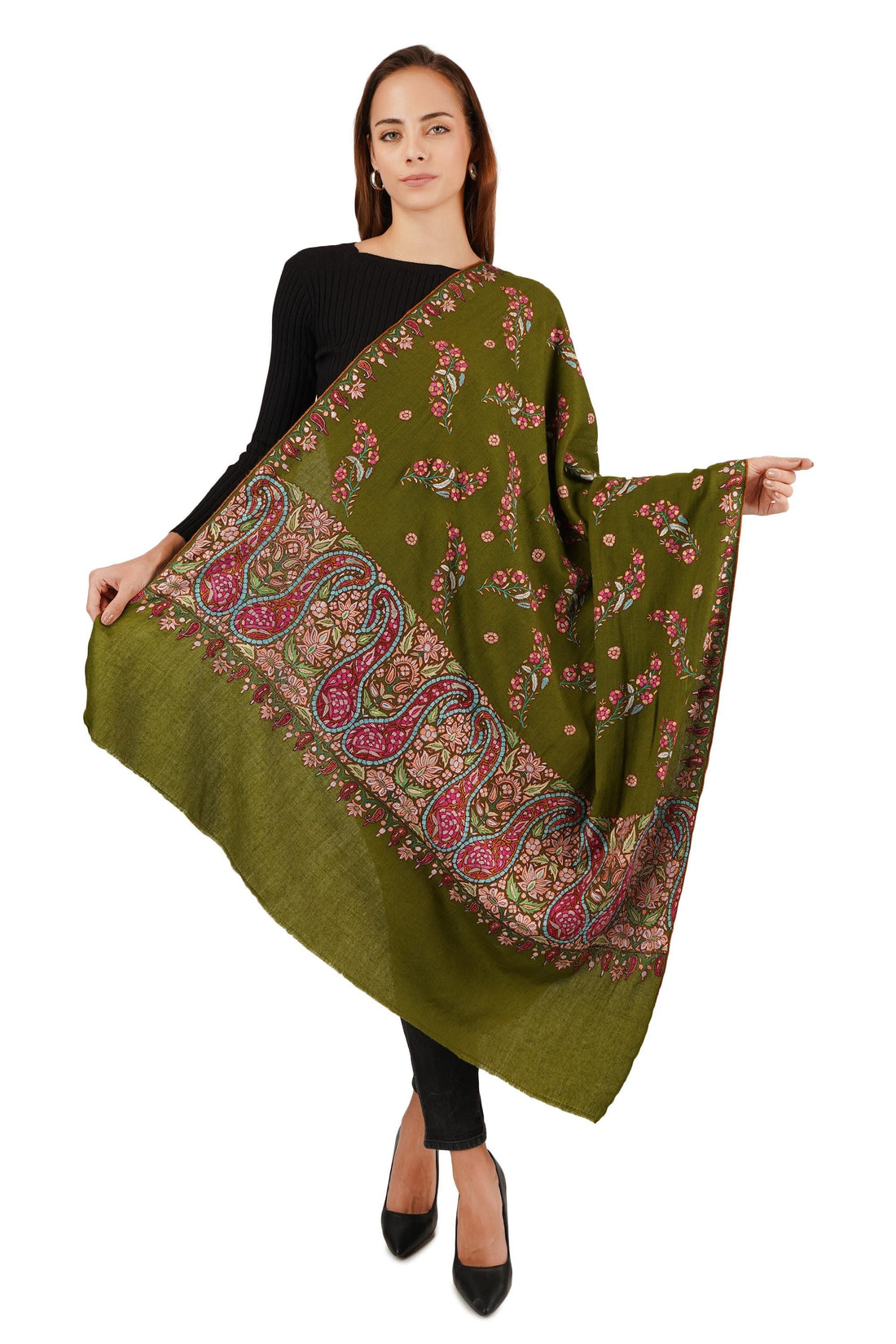 Pure Pashmina Shawl with Sozni Hand Embroidery, Paper Mache Embroidery Shawl, Handmade Green Shawl