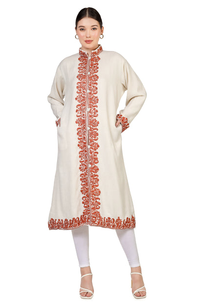 Long Kashmiri Embroidery Woolen Jacket, Kashmiri Embroidered Jacket, Embroidered Coat, white Jacket, Embroidered Long Jacket, BATIN®