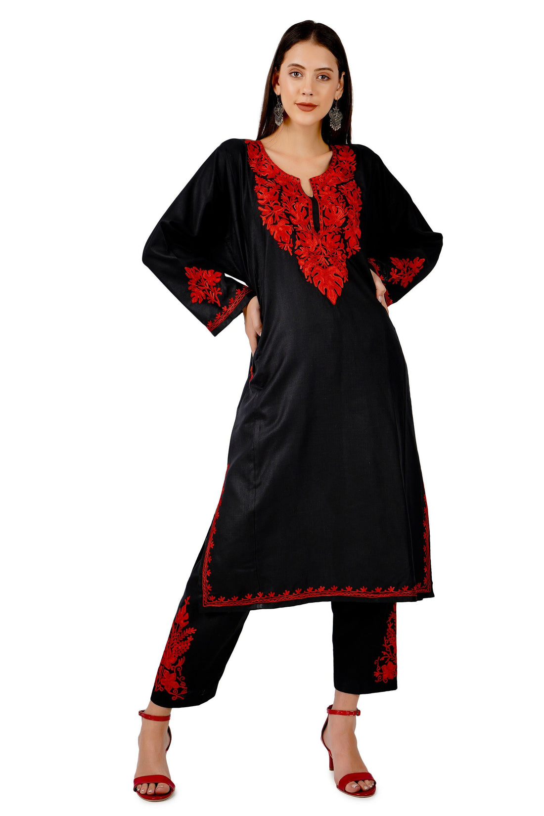 Kashmiri Aari Embroidered Kurti with Bottom Pant, Cotton Kurti with Pant Set, Kashmiri Aari Embroidered Kurti Pant Co-ord Set