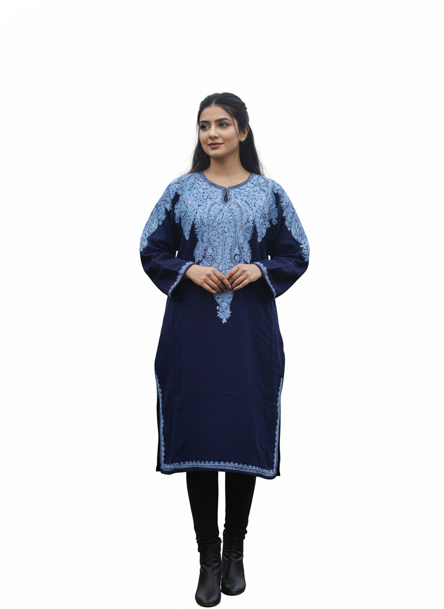 Kashmiri Aari Embroidered Woolen Pheran, Loose Fit Kurta for Women, Paisley Front Back Design