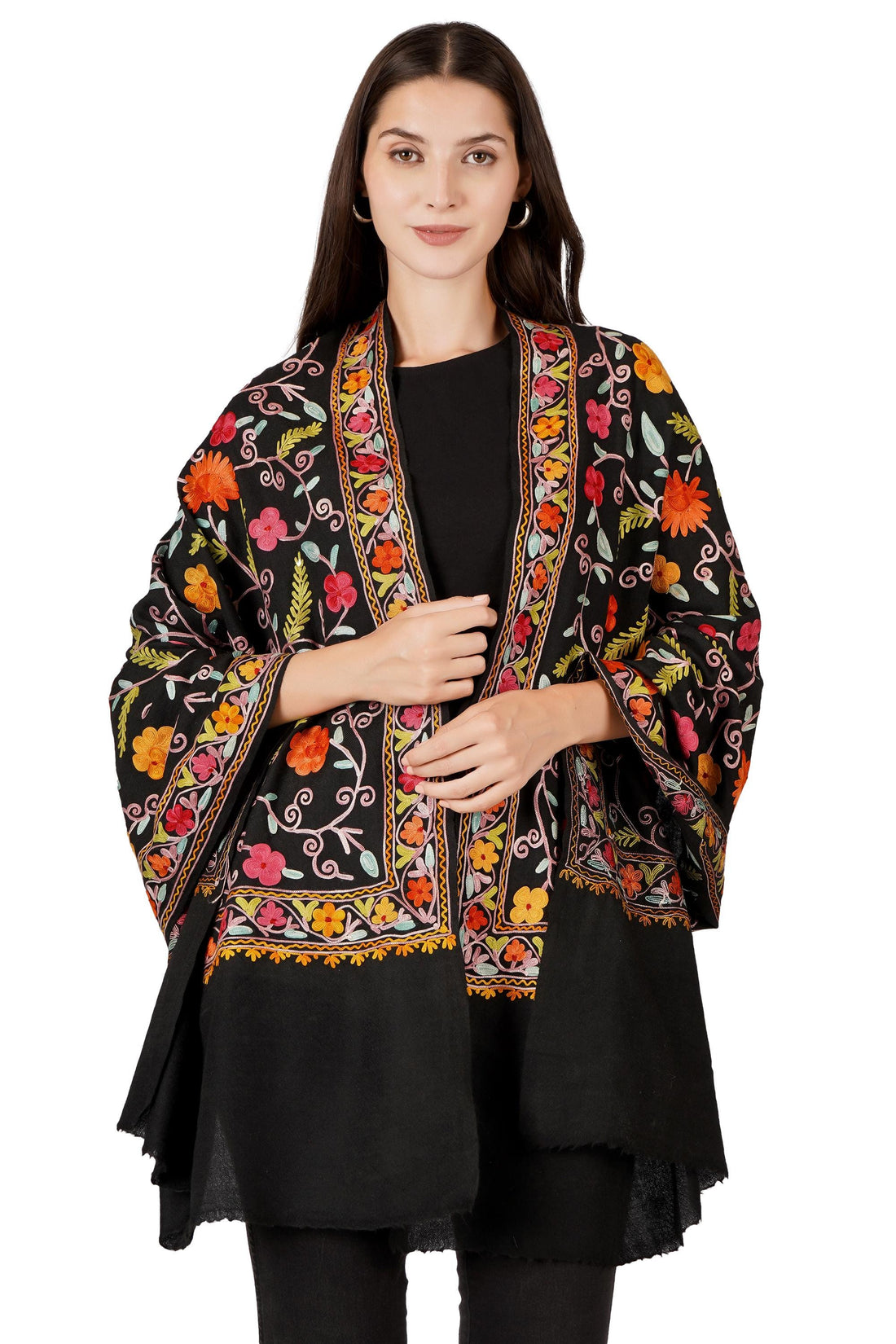 Kashmiri Woollen Scarf with Aari Embroidery For Women, Floral Kashmiri Scarf, Indian Wrap, Shawl for women, Cashmere Wrap, Gift Shawl