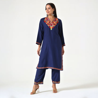 Kashmiri Aari Embroidered Cotton Kurti with Bottom Pant, Womens Coord Set