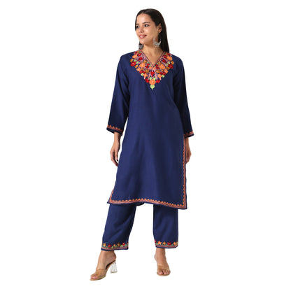 Kashmiri Aari Embroidered Cotton Kurti with Bottom Pant, Womens Coord Set