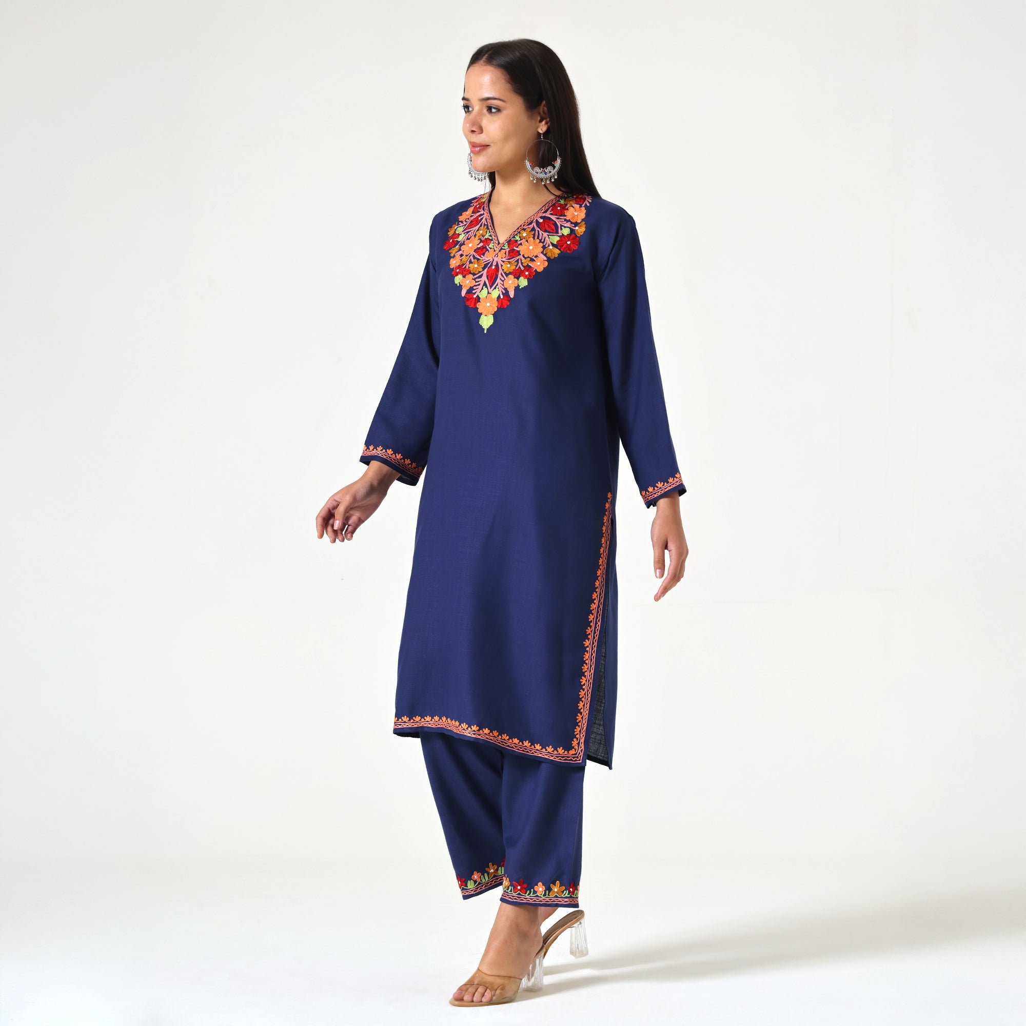 Kashmiri Aari Embroidered Cotton Kurti with Bottom Pant, Womens Coord Set