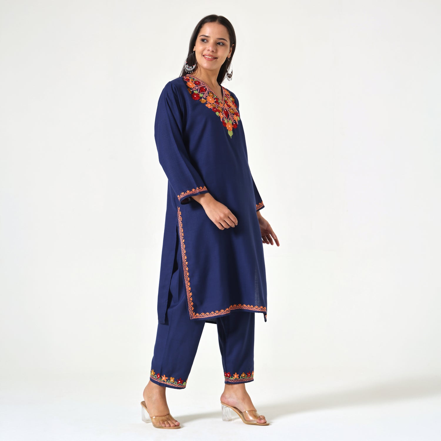 Kashmiri Aari Embroidered Cotton Kurti with Bottom Pant, Womens Coord Set