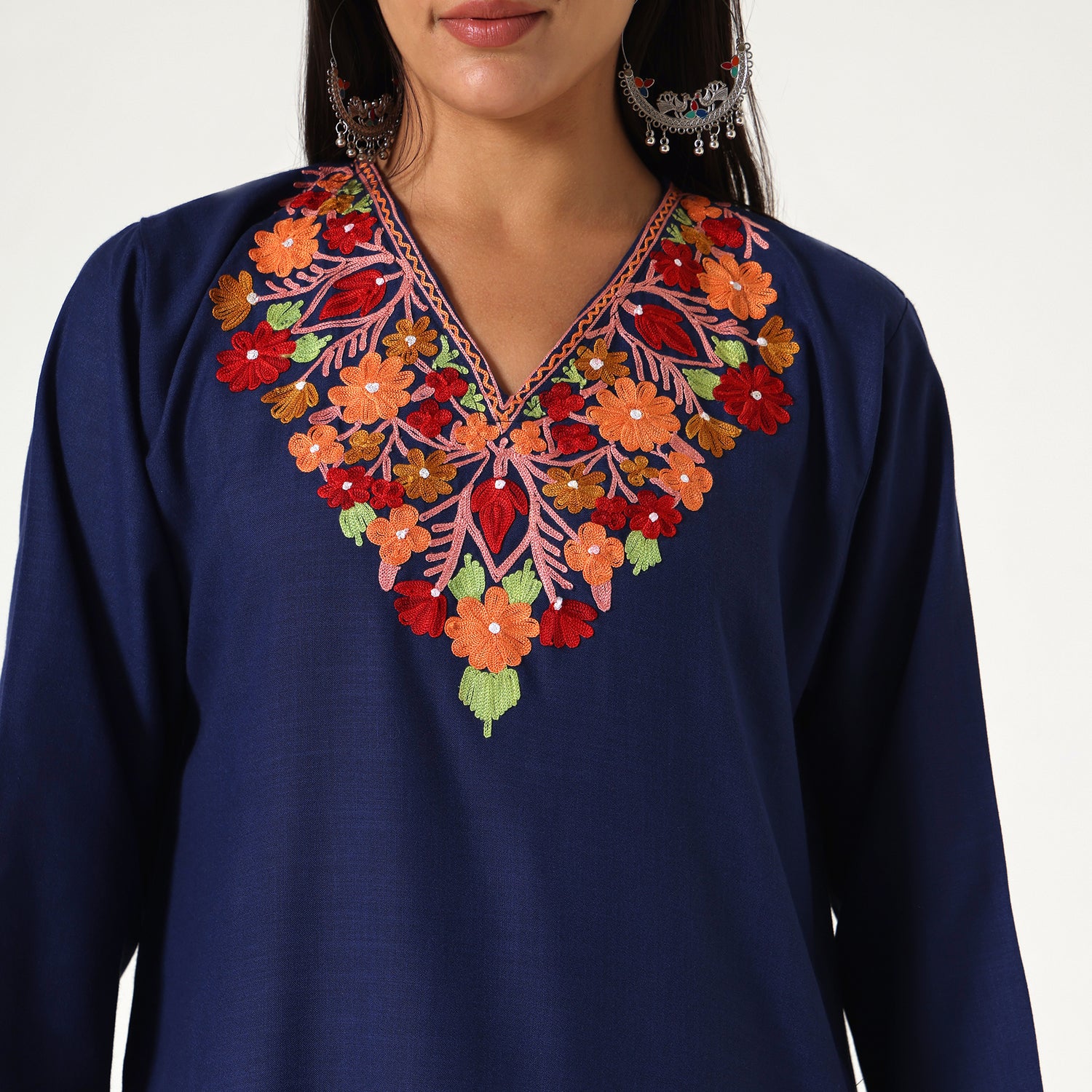 Kashmiri Aari Embroidered Cotton Kurti with Bottom Pant, Womens Coord Set