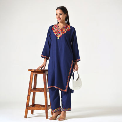 Kashmiri Aari Embroidered Cotton Kurti with Bottom Pant, Womens Coord Set