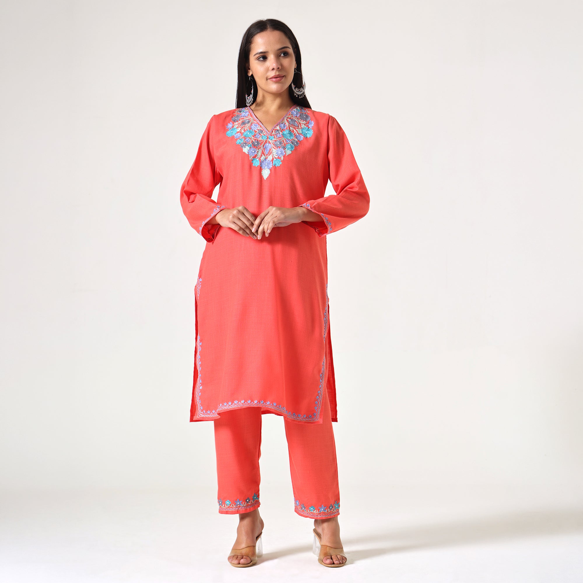 Kashmiri Aari Embroidered Cotton Kurti with Bottom Pant, Womens Coord Set For Summer