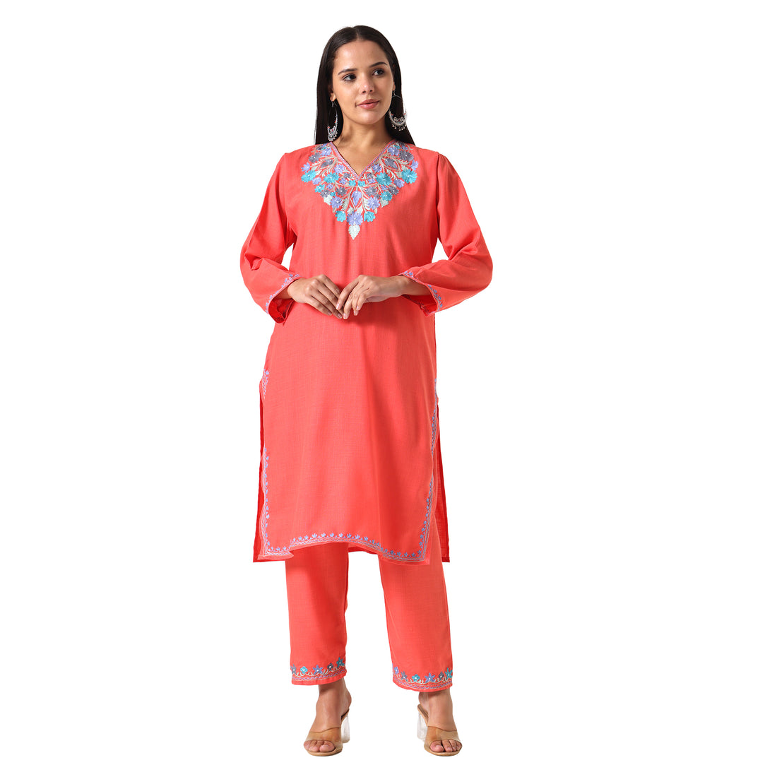 Kashmiri Aari Embroidered Cotton Kurti with Bottom Pant, Womens Coord Set For Summer