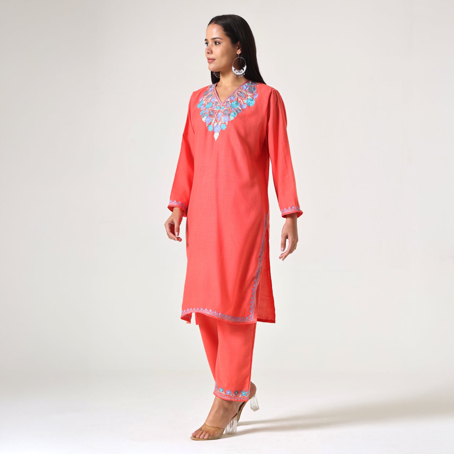 Kashmiri Aari Embroidered Cotton Kurti with Bottom Pant, Womens Coord Set For Summer