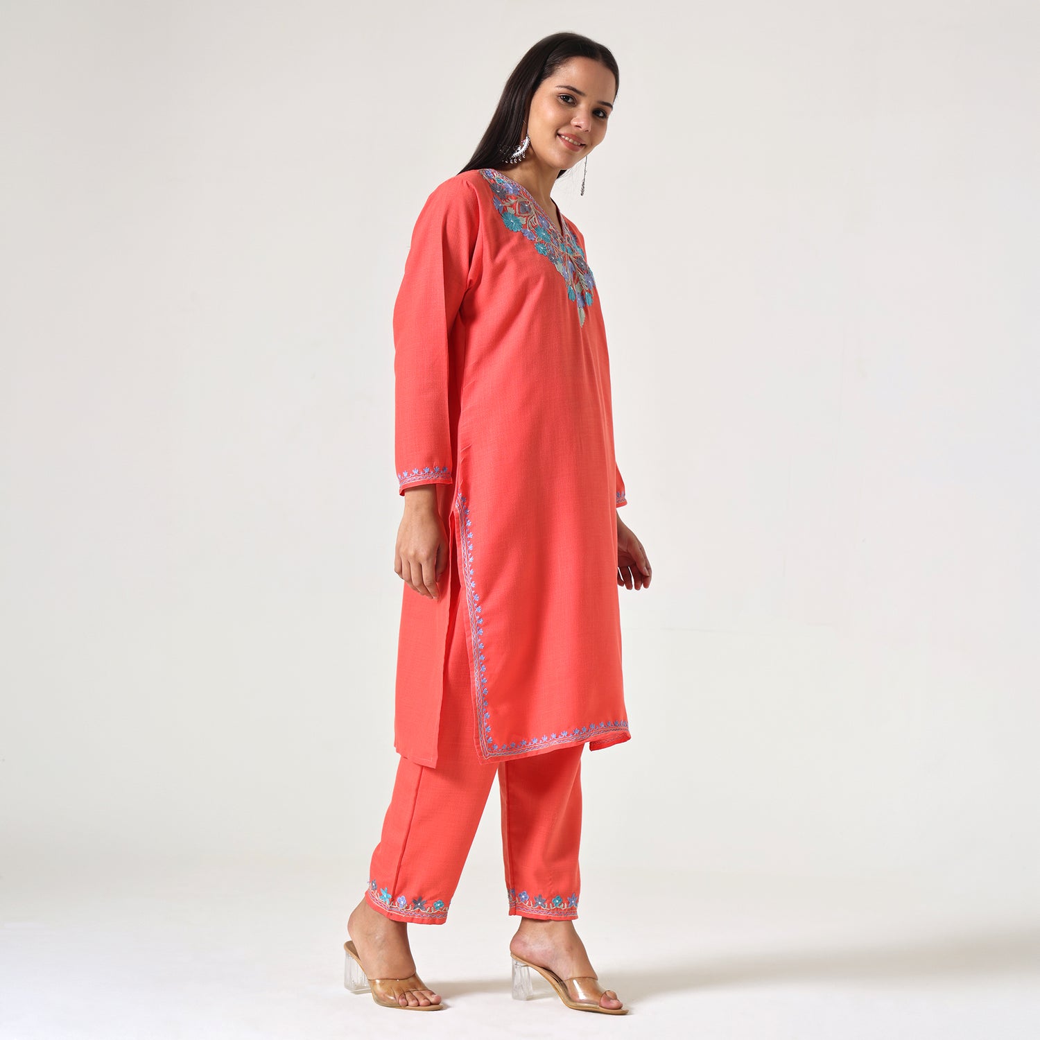 Kashmiri Aari Embroidered Cotton Kurti with Bottom Pant, Womens Coord Set For Summer