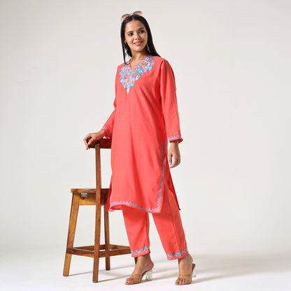 Kashmiri Aari Embroidered Cotton Kurti with Bottom Pant, Womens Coord Set For Summer