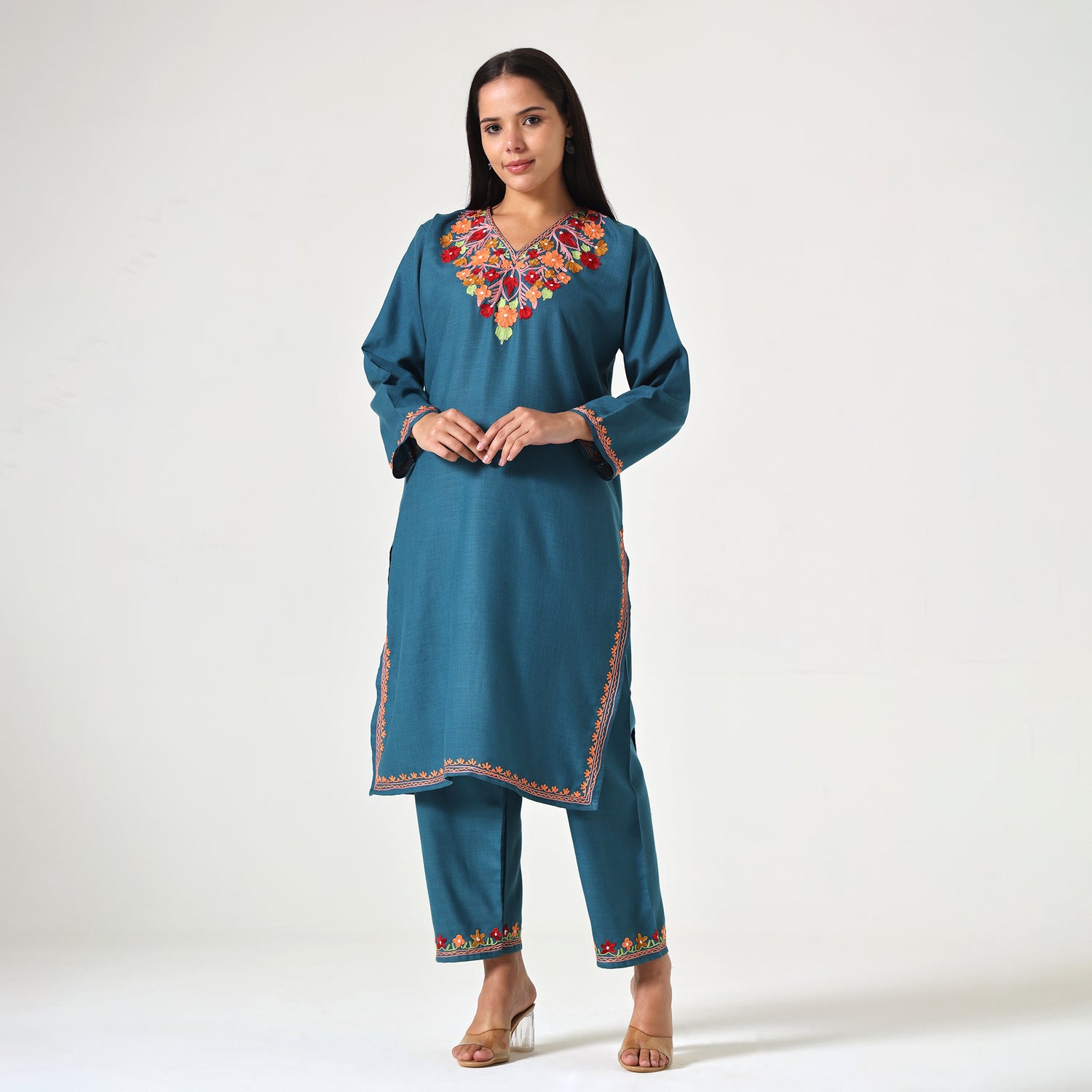 Kashmiri Aari Embroidered Cotton Kurti with Bottom Pant, Womens Coord Set For Summer