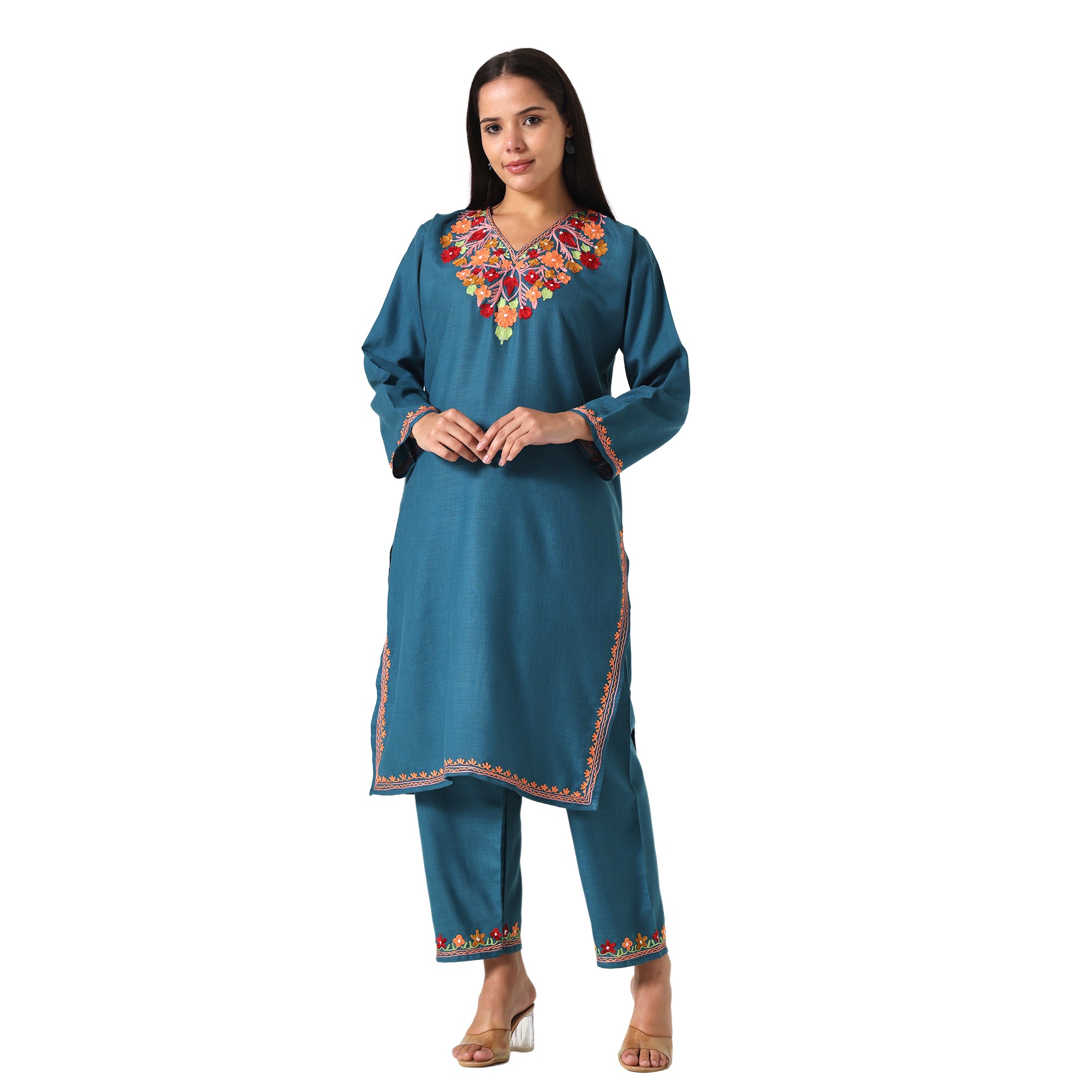 Kashmiri Aari Embroidered Cotton Kurti with Bottom Pant, Womens Coord Set For Summer