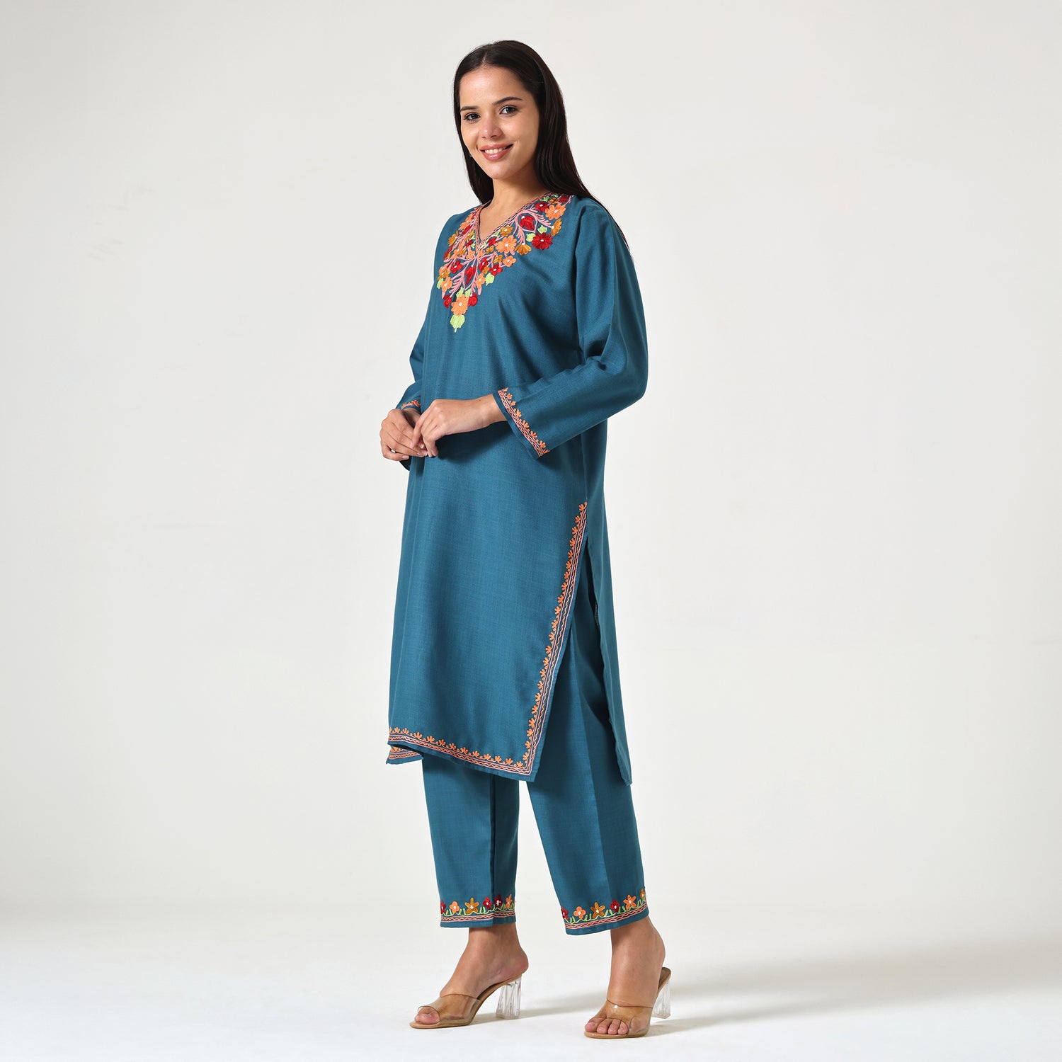 Kashmiri Aari Embroidered Cotton Kurti with Bottom Pant, Womens Coord Set For Summer