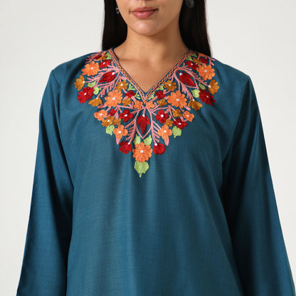 Kashmiri Aari Embroidered Cotton Kurti with Bottom Pant, Womens Coord Set For Summer