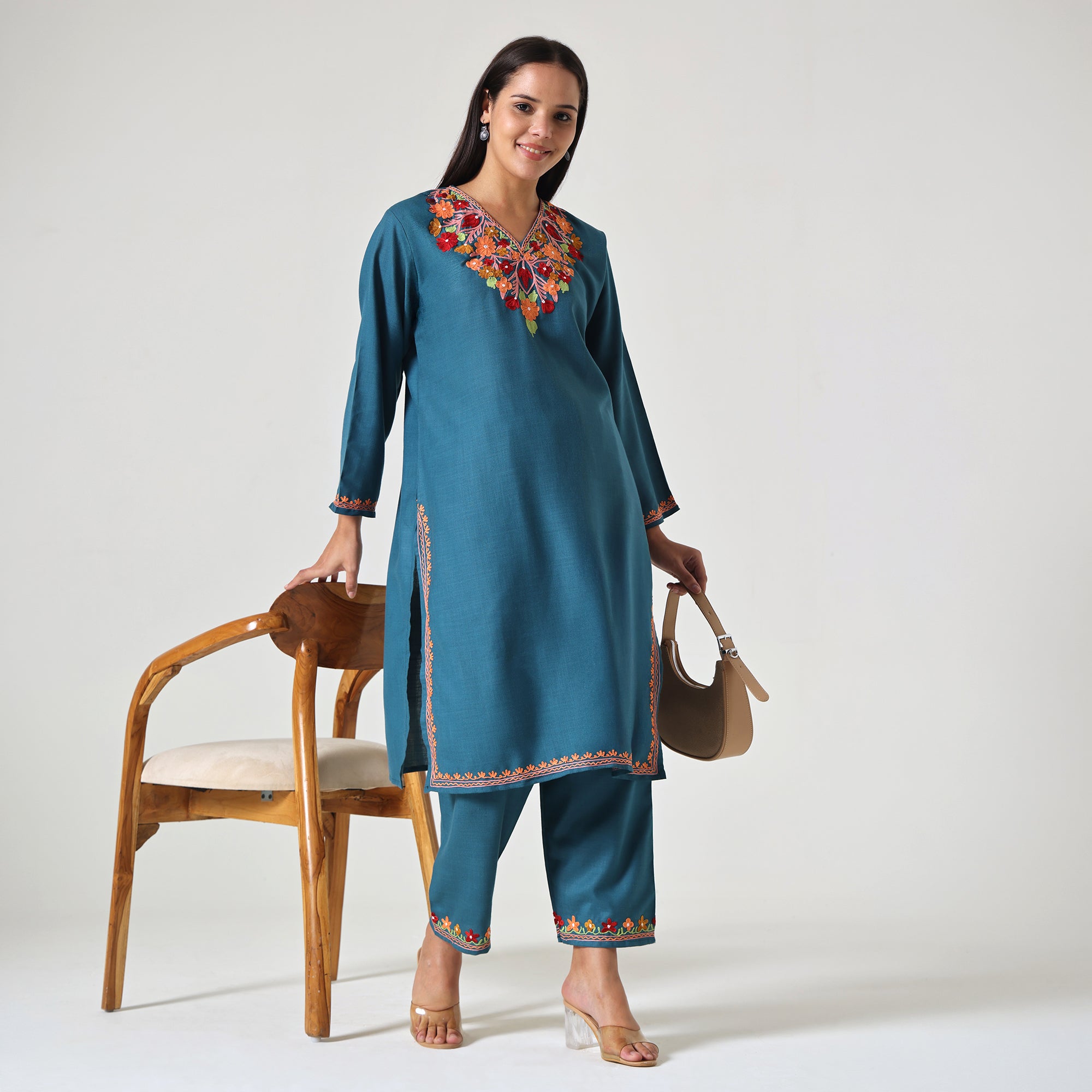 Kashmiri Aari Embroidered Cotton Kurti with Bottom Pant, Womens Coord Set For Summer