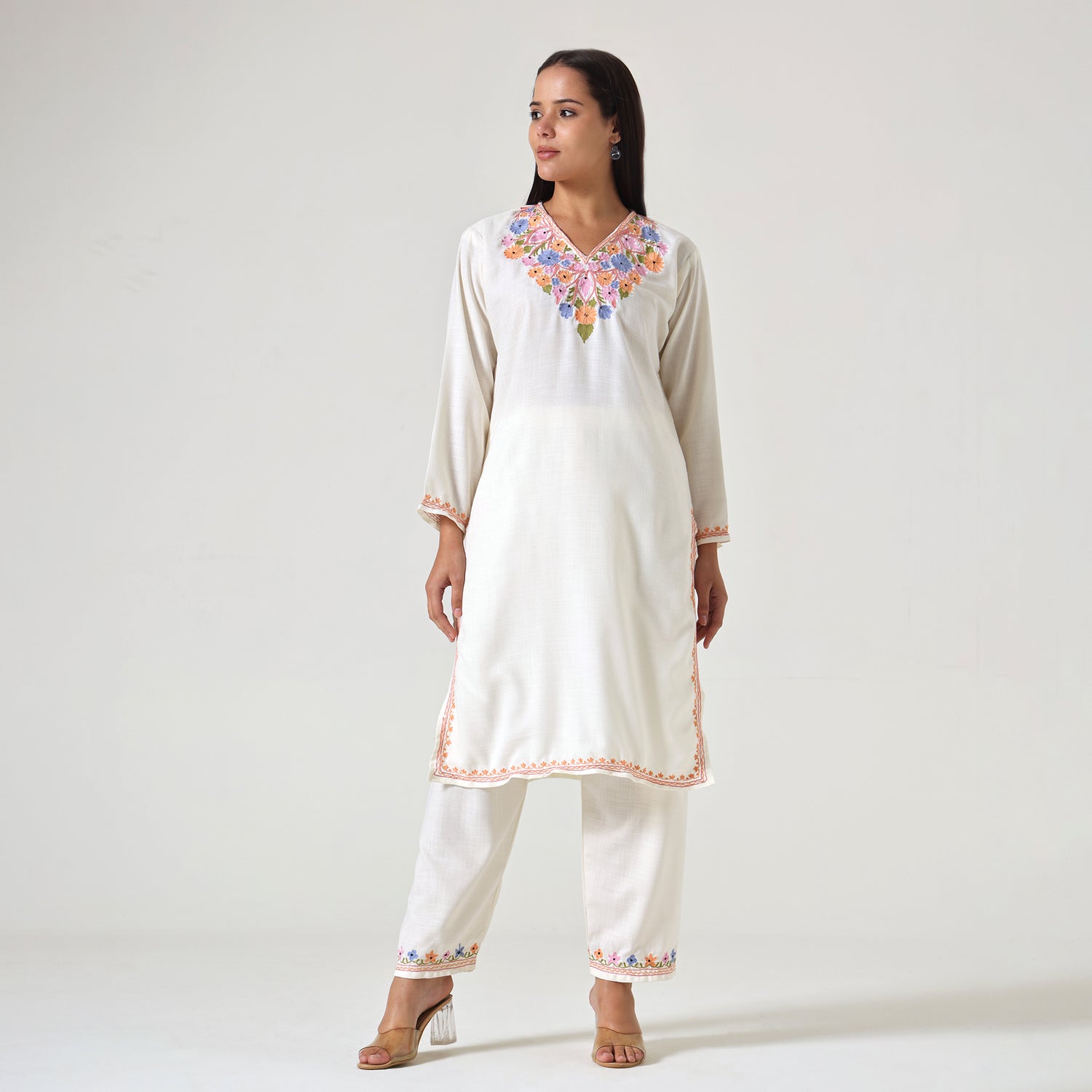 Kashmiri Aari Embroidered Cotton Kurti with Bottom Pant, Womens Coord Set For Summer