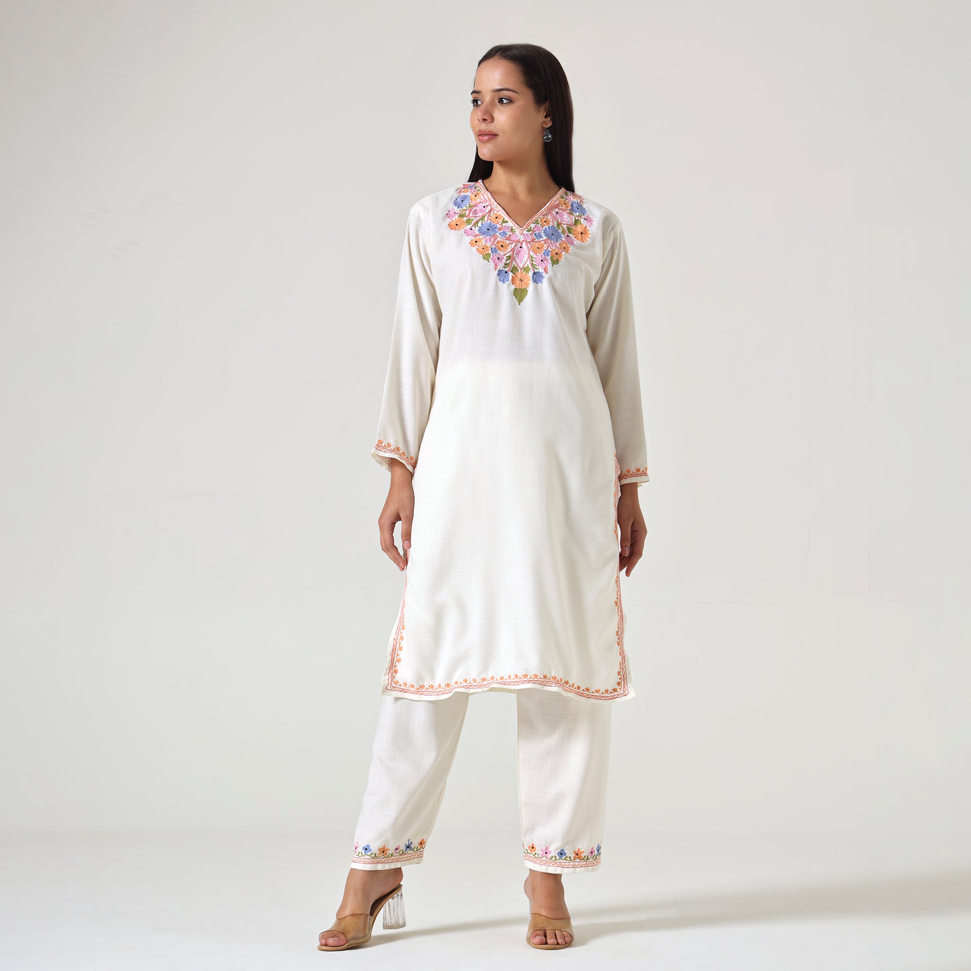 Kashmiri Aari Embroidered Cotton Kurti with Bottom Pant, Womens Coord Set For Summer
