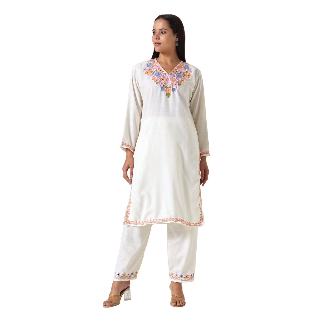 Kashmiri Aari Embroidered Cotton Kurti with Bottom Pant, Womens Coord Set For Summer