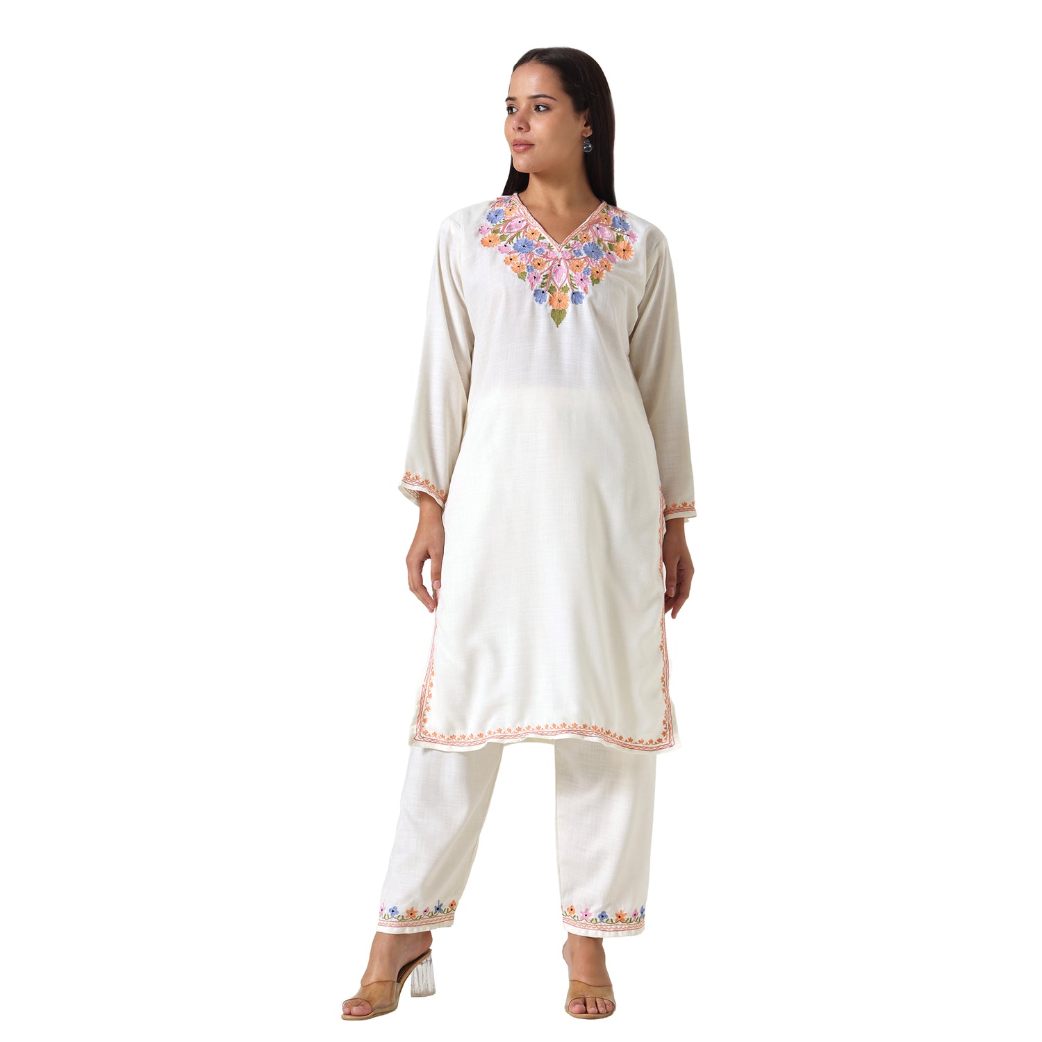 Kashmiri Aari Embroidered Cotton Kurti with Bottom Pant, Womens Coord Set For Summer