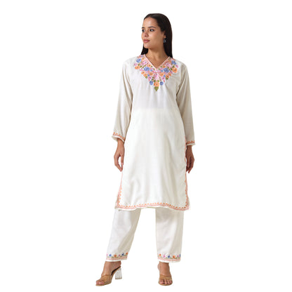 Kashmiri Aari Embroidered Cotton Kurti with Bottom Pant, Womens Coord Set For Summer