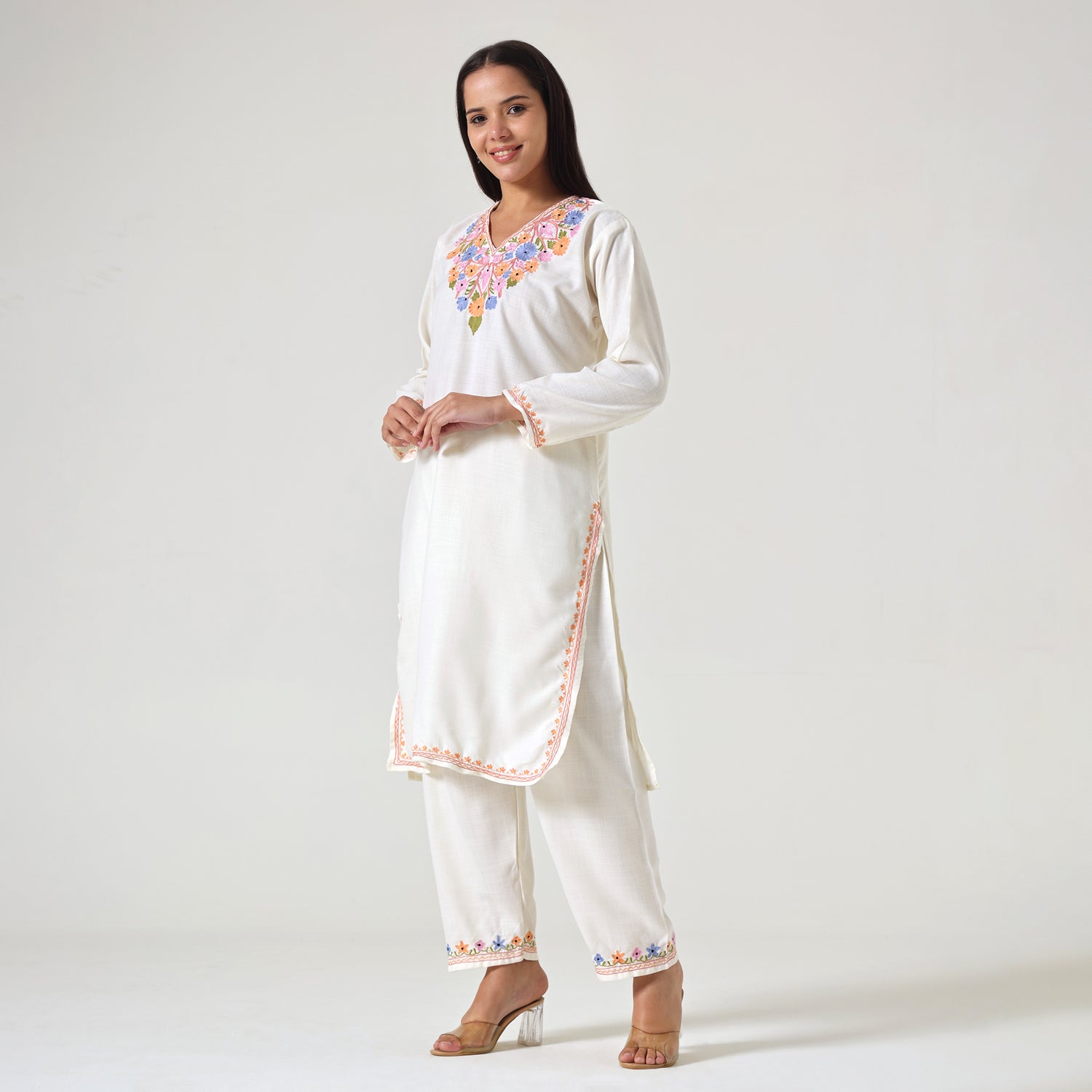 Kashmiri Aari Embroidered Cotton Kurti with Bottom Pant, Womens Coord Set For Summer